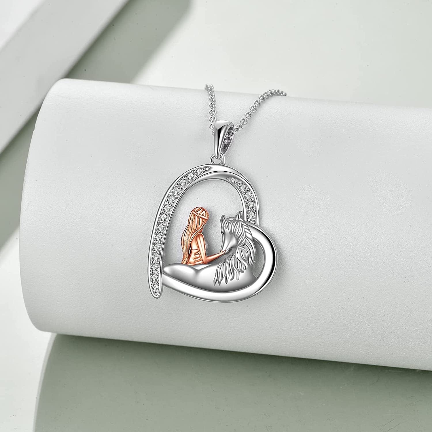 Horse Necklace, Wolf and Girl Necklace, Panda and Horse Necklace, Dragon and Unicorn Necklace, Sterling Silver Love Heart Birthday Christmas Jewelry Gifts for Women Teen Girls