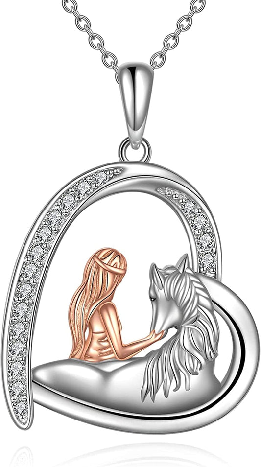 Horse Necklace, Wolf and Girl Necklace, Panda and Horse Necklace, Dragon and Unicorn Necklace, Sterling Silver Love Heart Birthday Christmas Jewelry Gifts for Women Teen Girls Silver girl and horse necklace
