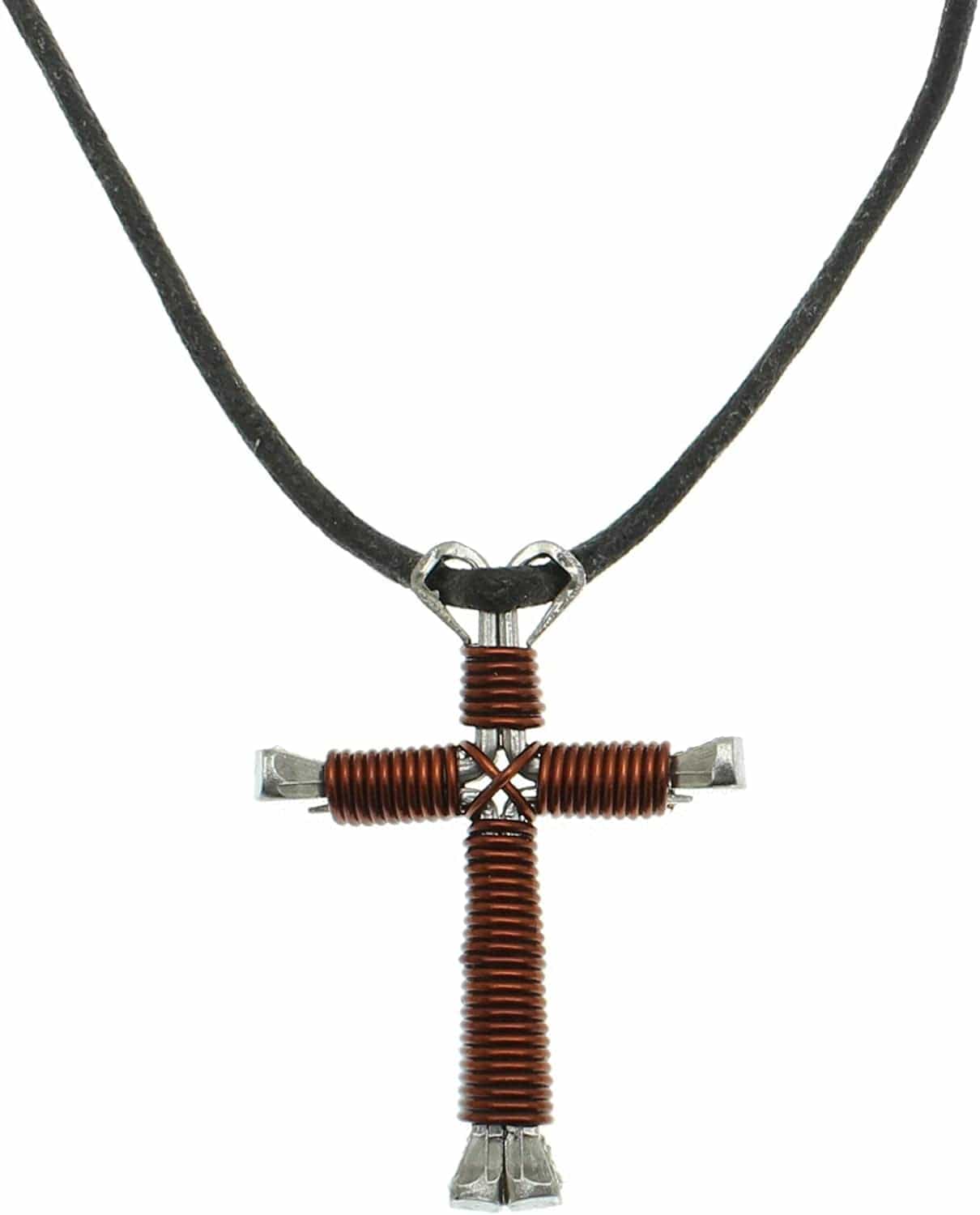 Horseshoe Nail Cross Necklace Brown