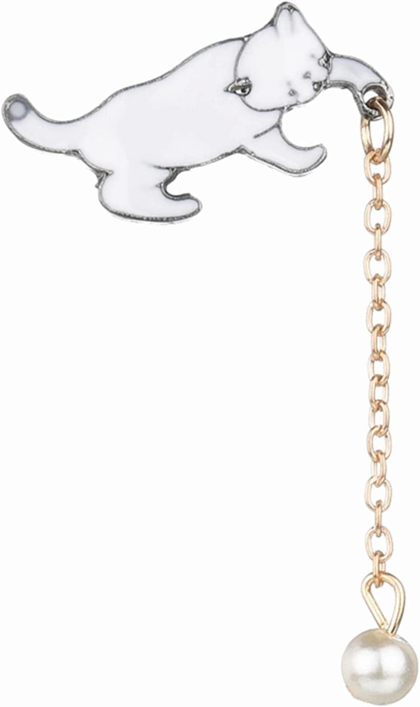 Hsakess Cat Long Chain Tassel Brooch Animal Enamel Lapel Pin Imitation Pearl Tassel Badge Collar Brooch for Bag Decor, White