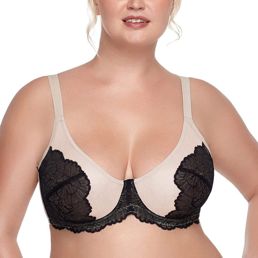HSIA Minimizer Bra for Women Full Coverage Lace plus Size Compression Bra Unlined Bras with Underwire Black Contrast Apricot / 38DD