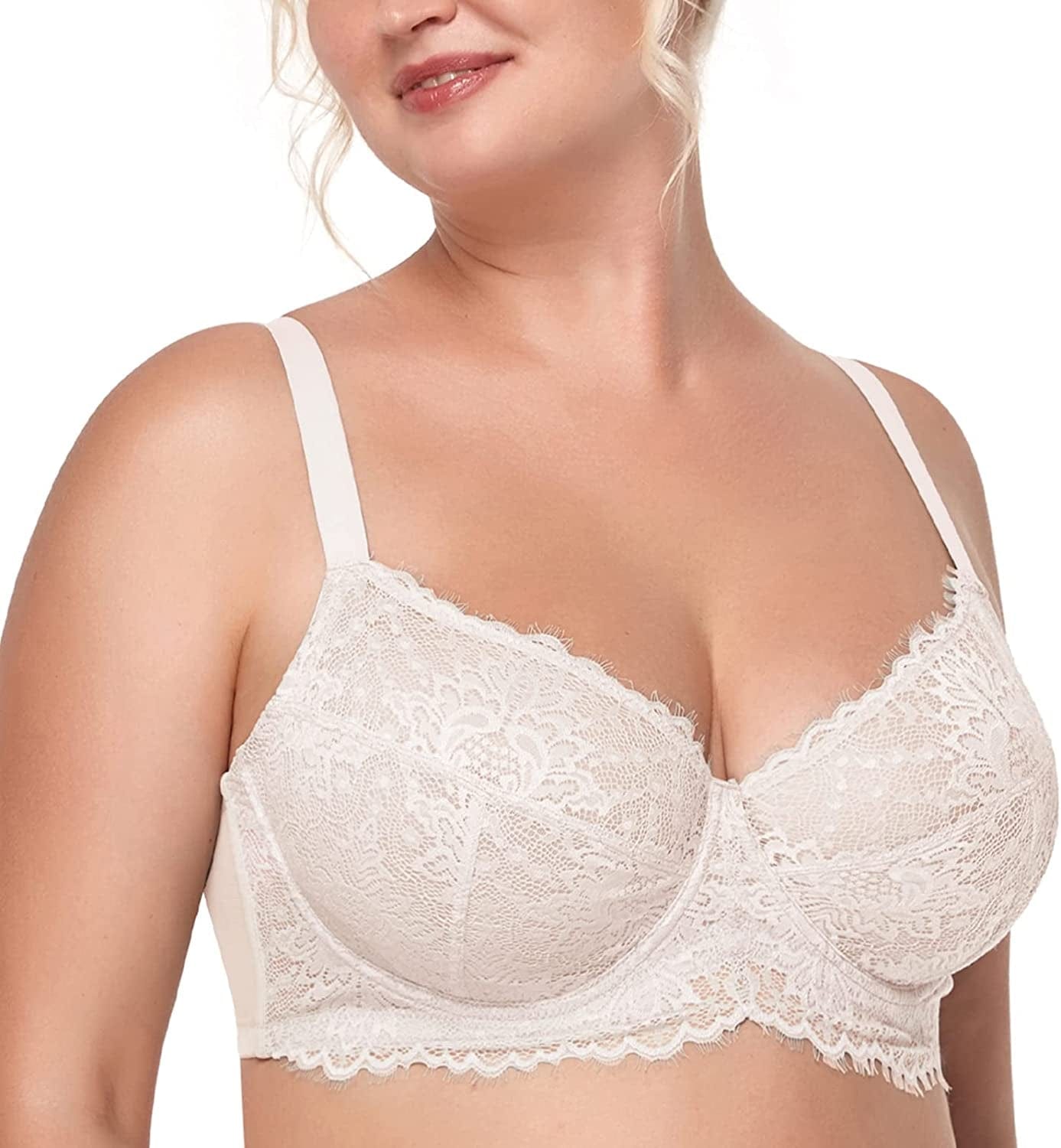 HSIA Women Minimizer Unlined Underwire Bra Full Coverage plus Size Full Figure Unpadded Bras Eyelash Lace Bras Ivory White / 36C