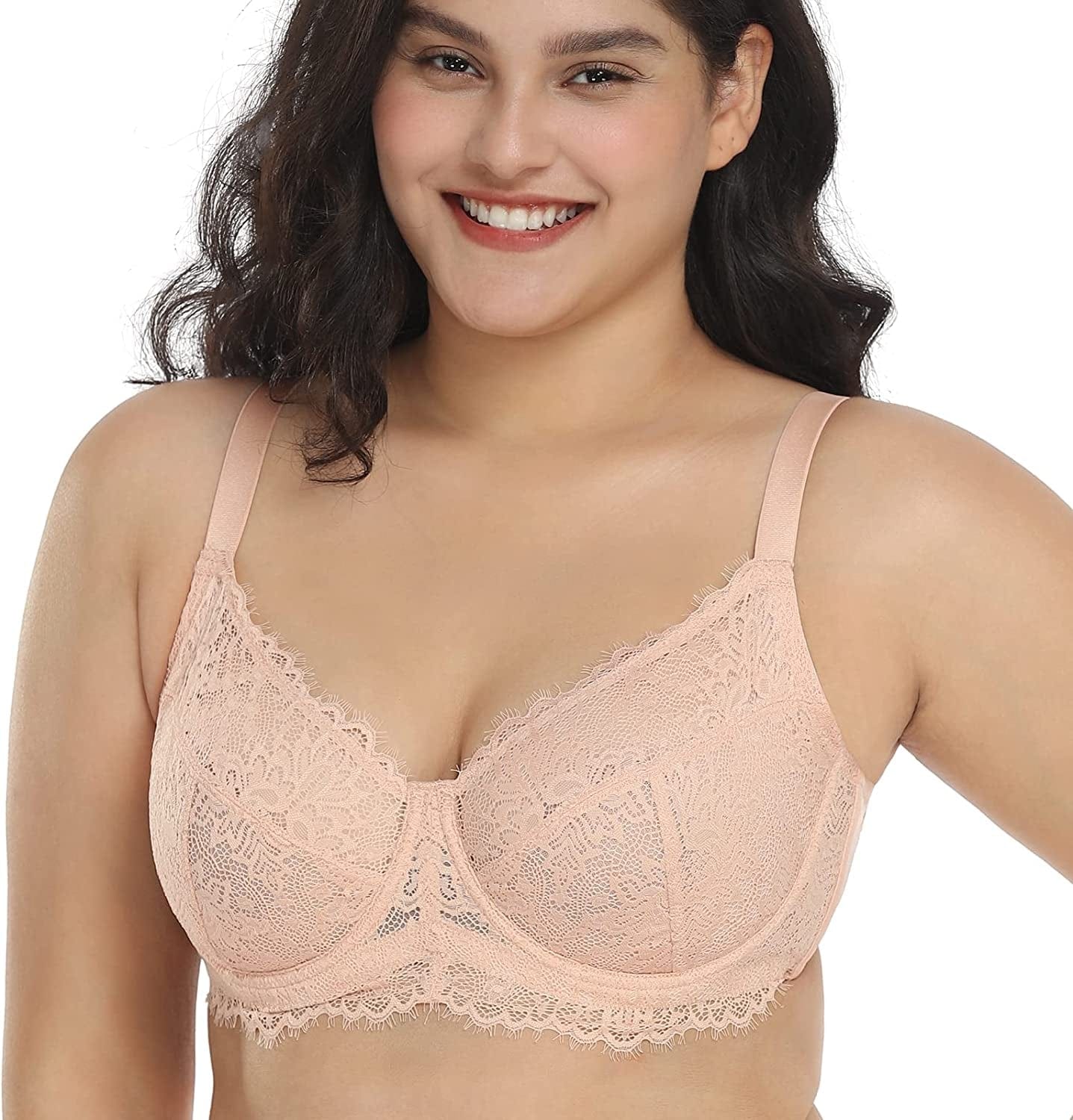 HSIA Women Minimizer Unlined Underwire Bra Full Coverage plus Size Full Figure Unpadded Bras Eyelash Lace Bras Rose Cloud / 36C