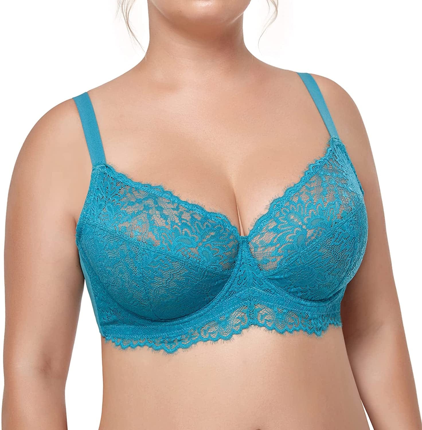 HSIA Women Minimizer Unlined Underwire Bra Full Coverage plus Size Full Figure Unpadded Bras Eyelash Lace Bras Horizon Blue / 44C
