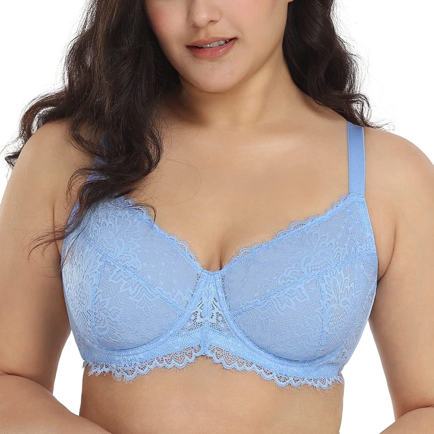 HSIA Women Minimizer Unlined Underwire Bra Full Coverage plus Size Full Figure Unpadded Bras Eyelash Lace Bras Sky Blue / 42C