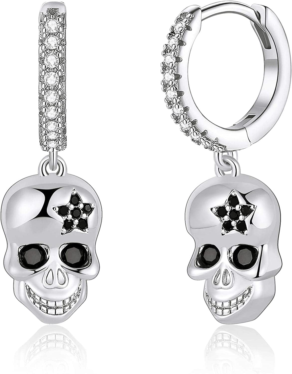 Huggie Hoop Earrings for Women, S925 Sterling Silver Post 14K Gold Plated Evil Eye Star Butterfly Spike Cross Hoop Dangle Small Hoop Huggie Earrings Minimalist Hypoallergenic Jewelry Gifts for Women White Gold Skull