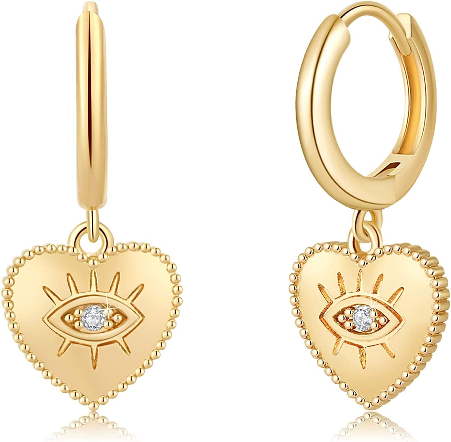 Huggie Hoop Earrings for Women, S925 Sterling Silver Post 14K Gold Plated Evil Eye Star Butterfly Spike Cross Hoop Dangle Small Hoop Huggie Earrings Minimalist Hypoallergenic Jewelry Gifts for Women Heart Evil Eye