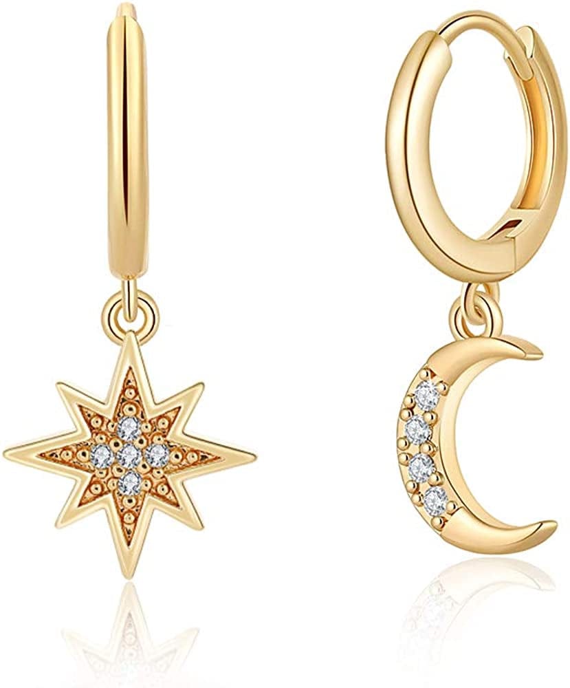 Huggie Hoop Earrings for Women, S925 Sterling Silver Post 14K Gold Plated Evil Eye Star Butterfly Spike Cross Hoop Dangle Small Hoop Huggie Earrings Minimalist Hypoallergenic Jewelry Gifts for Women Star Moon