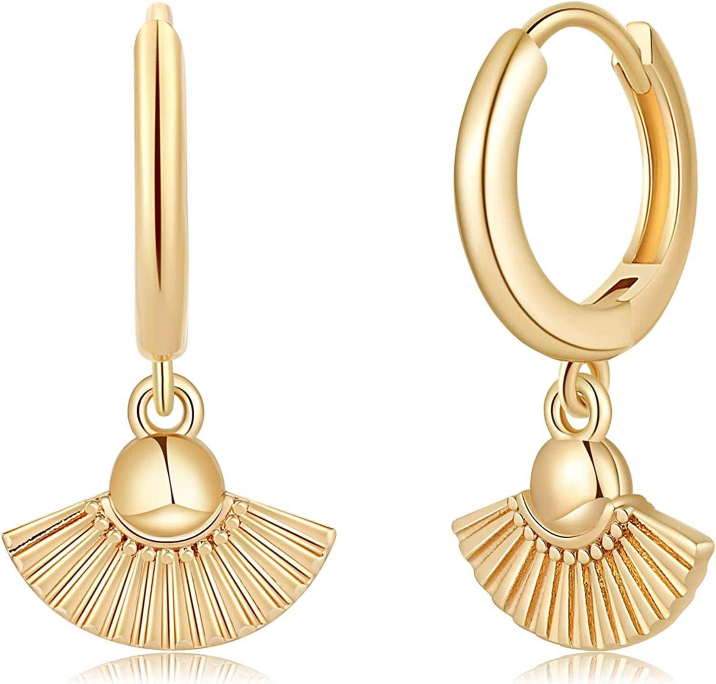 Huggie Hoop Earrings for Women, S925 Sterling Silver Post 14K Gold Plated Evil Eye Star Butterfly Spike Cross Hoop Dangle Small Hoop Huggie Earrings Minimalist Hypoallergenic Jewelry Gifts for Women Fan