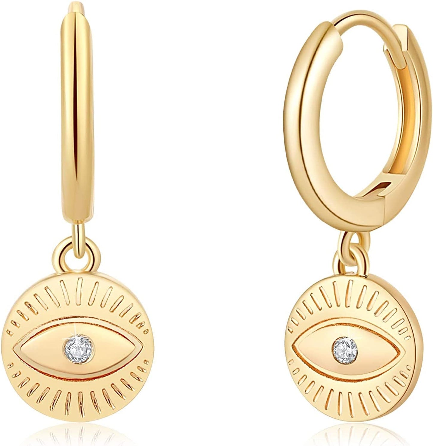 Huggie Hoop Earrings for Women, S925 Sterling Silver Post 14K Gold Plated Evil Eye Star Butterfly Spike Cross Hoop Dangle Small Hoop Huggie Earrings Minimalist Hypoallergenic Jewelry Gifts for Women Circle Evil Eye