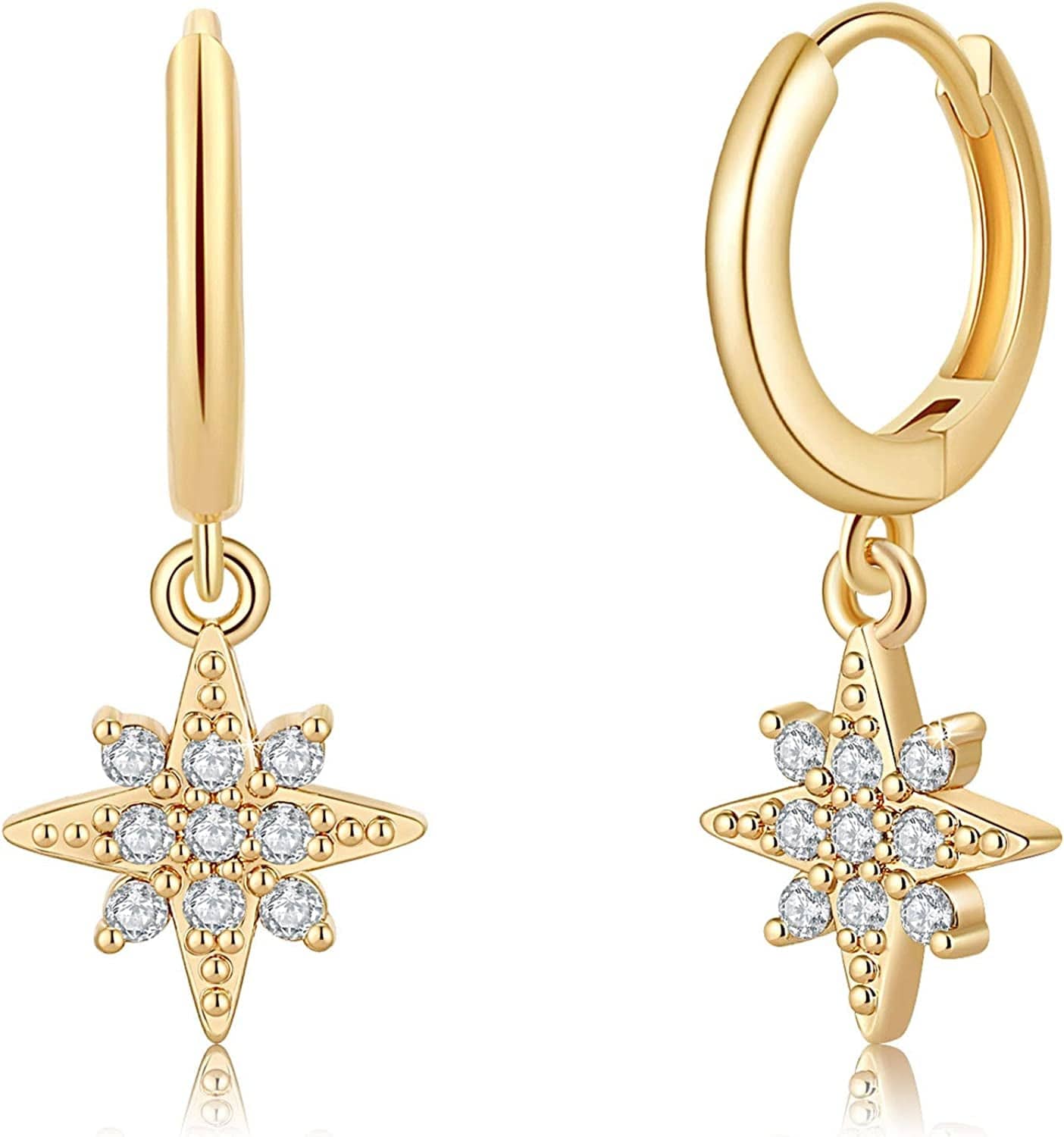 Huggie Hoop Earrings for Women, S925 Sterling Silver Post 14K Gold Plated Evil Eye Star Butterfly Spike Cross Hoop Dangle Small Hoop Huggie Earrings Minimalist Hypoallergenic Jewelry Gifts for Women Sparkling Star