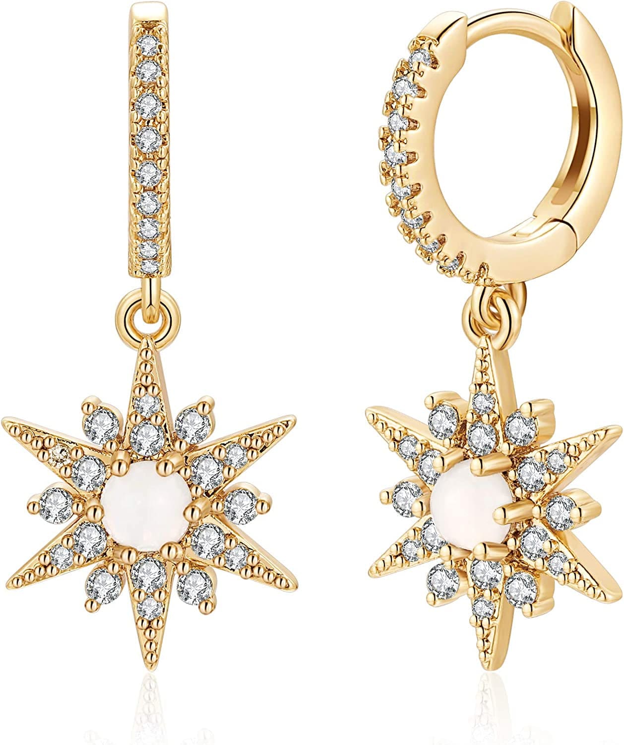 Huggie Hoop Earrings for Women, S925 Sterling Silver Post 14K Gold Plated Evil Eye Star Butterfly Spike Cross Hoop Dangle Small Hoop Huggie Earrings Minimalist Hypoallergenic Jewelry Gifts for Women Starburst CZ