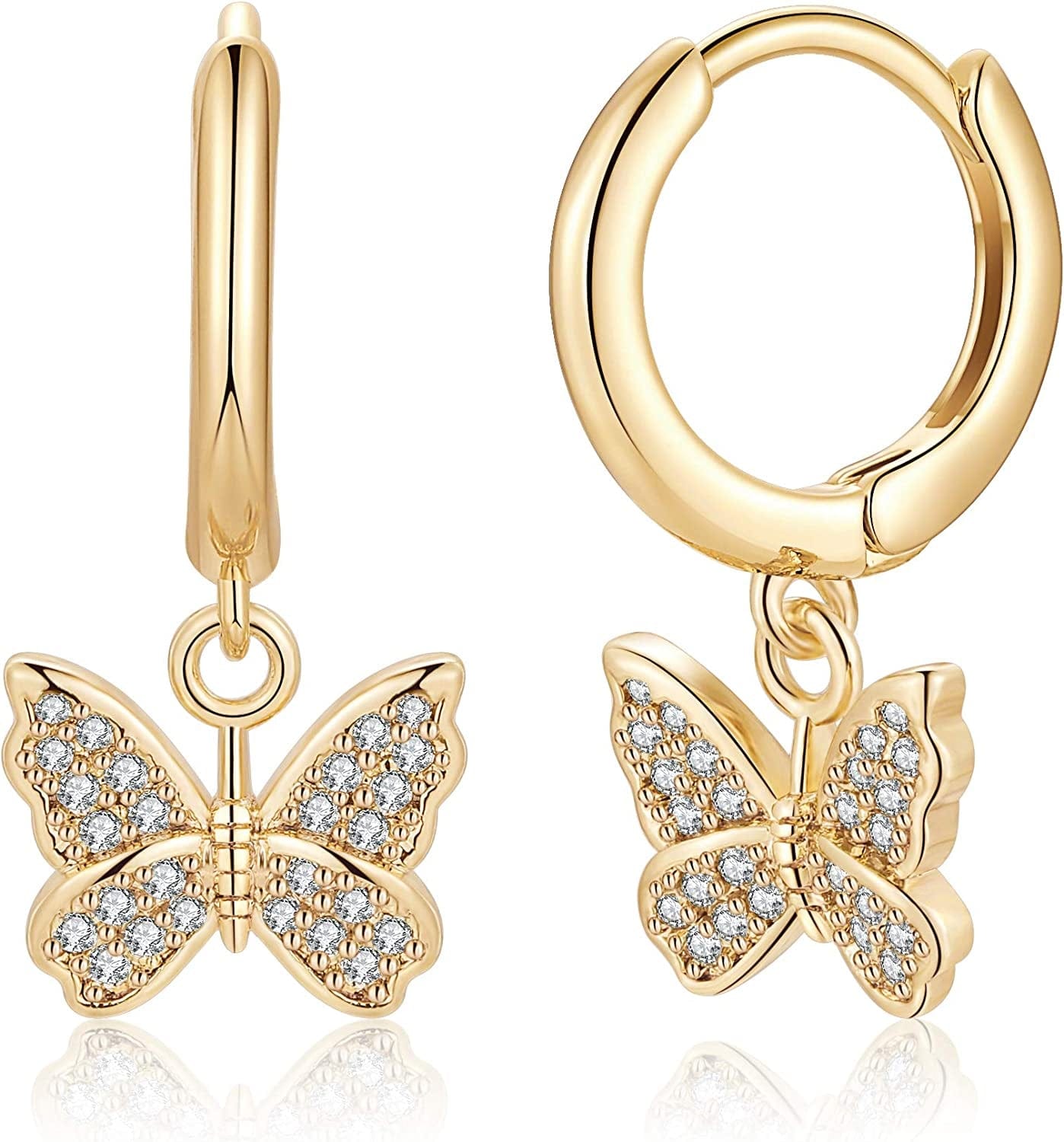 Huggie Hoop Earrings for Women, S925 Sterling Silver Post 14K Gold Plated Evil Eye Star Butterfly Spike Cross Hoop Dangle Small Hoop Huggie Earrings Minimalist Hypoallergenic Jewelry Gifts for Women Butterfly