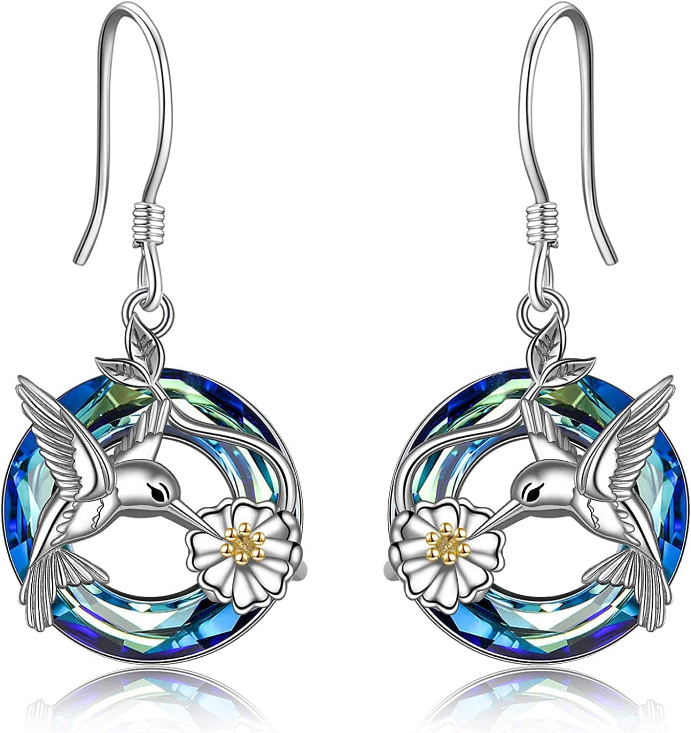 Hummingbird Earrings for Women Sterling Silver Hummingbird Bird Daisy Flower Dangle Drop Earrings with Blue/Volcano Circle Crystal Gifts for Girls blue