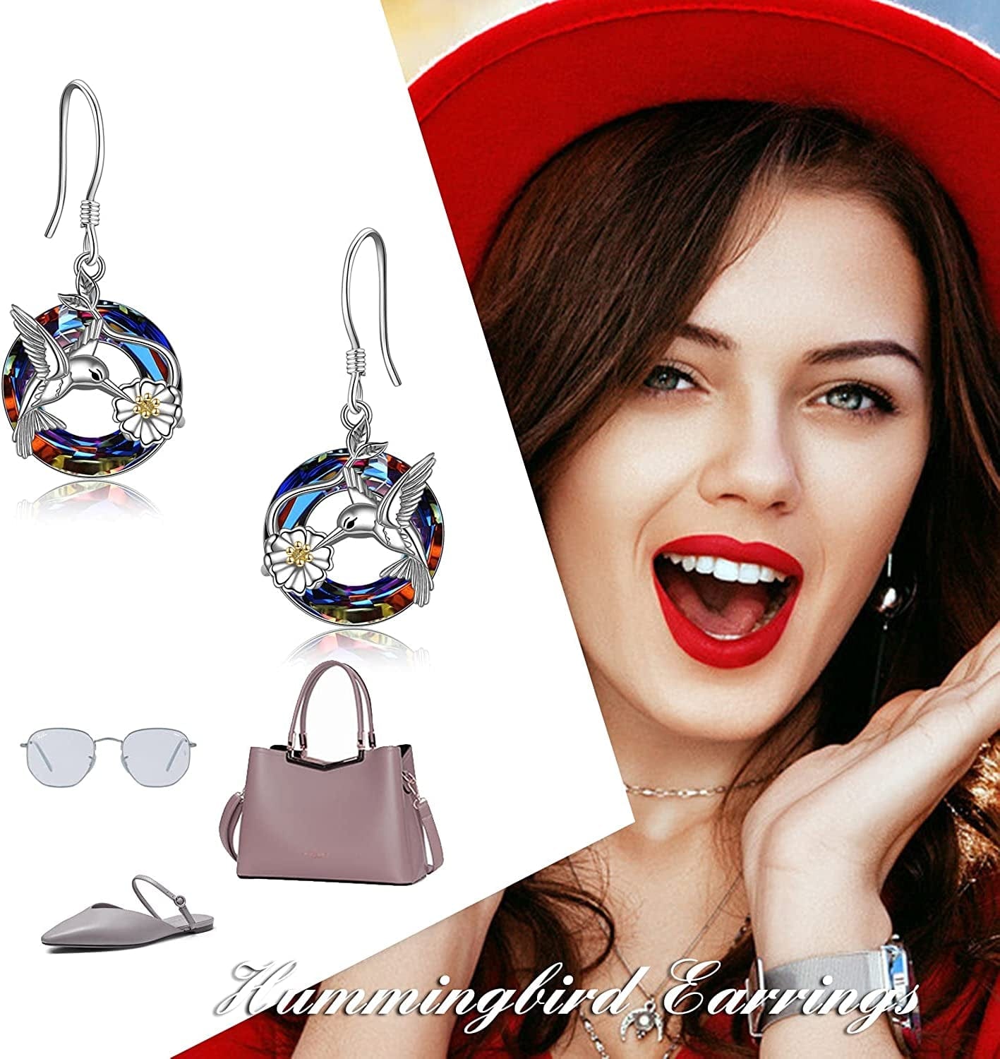 Hummingbird Earrings for Women Sterling Silver Hummingbird Bird Daisy Flower Dangle Drop Earrings with Blue/Volcano Circle Crystal Gifts for Girls