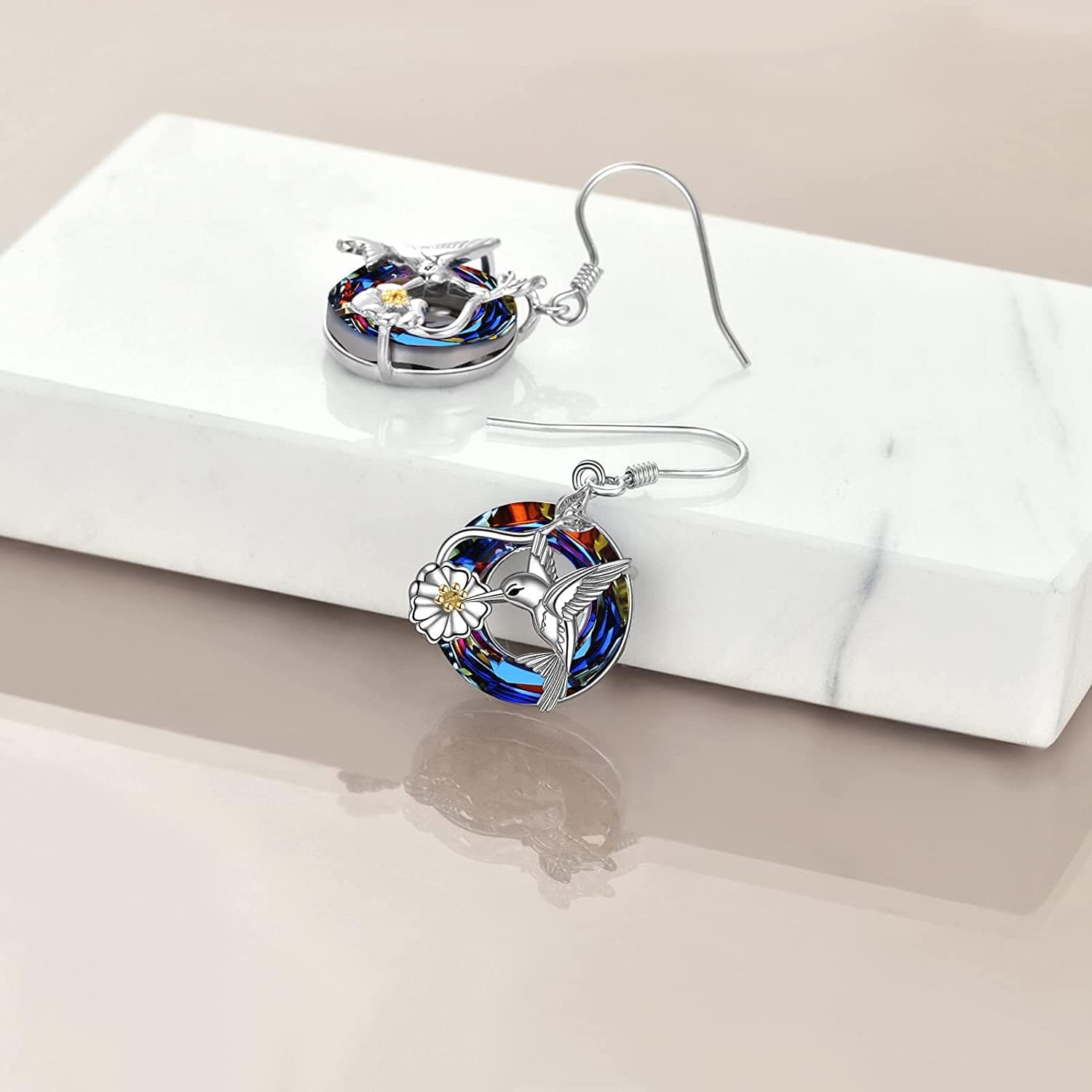 Hummingbird Earrings for Women Sterling Silver Hummingbird Bird Daisy Flower Dangle Drop Earrings with Blue/Volcano Circle Crystal Gifts for Girls