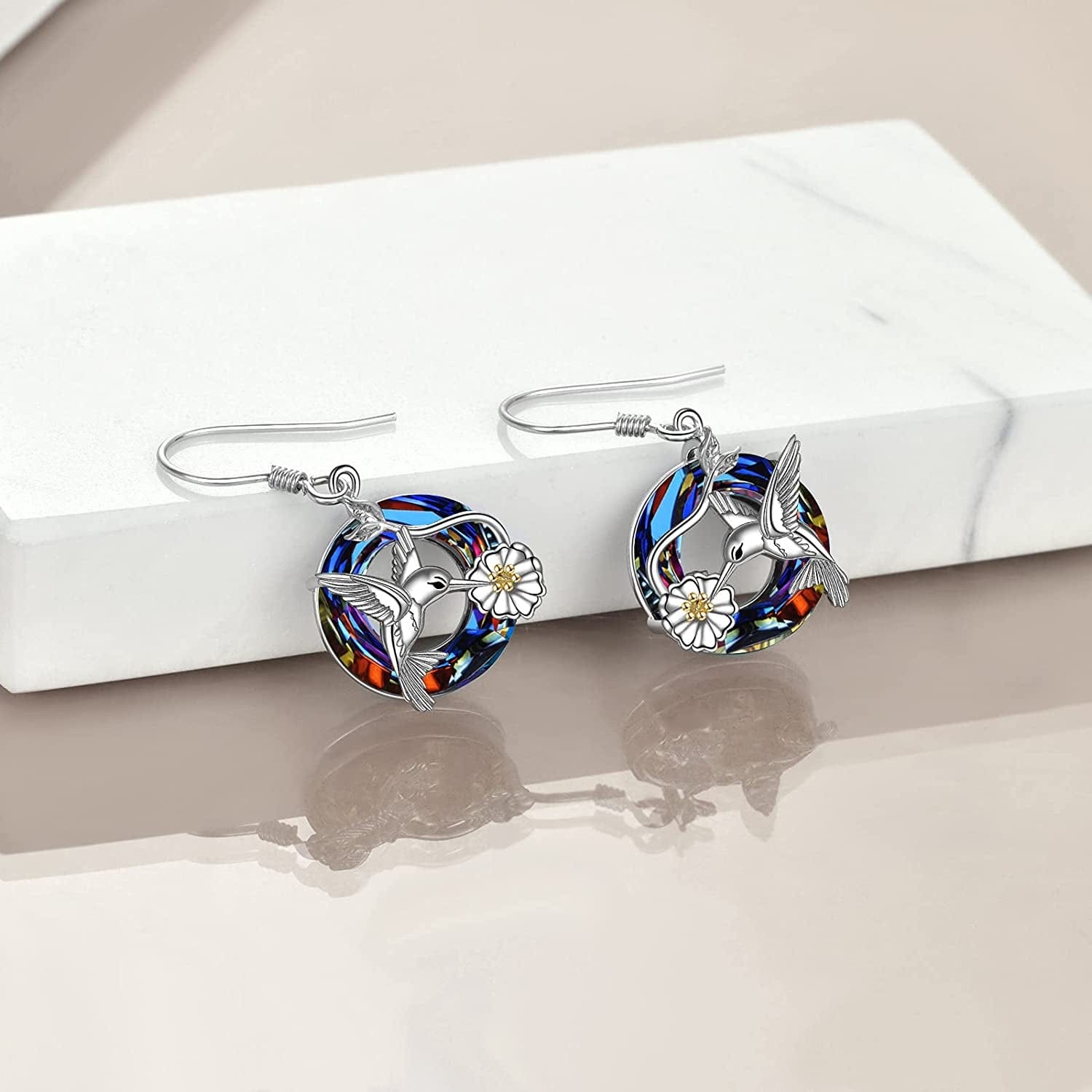 Hummingbird Earrings for Women Sterling Silver Hummingbird Bird Daisy Flower Dangle Drop Earrings with Blue/Volcano Circle Crystal Gifts for Girls