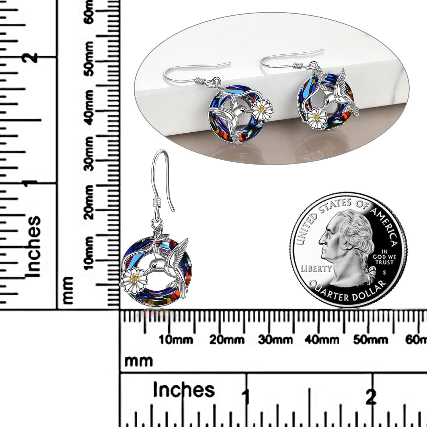 Hummingbird Earrings for Women Sterling Silver Hummingbird Bird Daisy Flower Dangle Drop Earrings with Blue/Volcano Circle Crystal Gifts for Girls