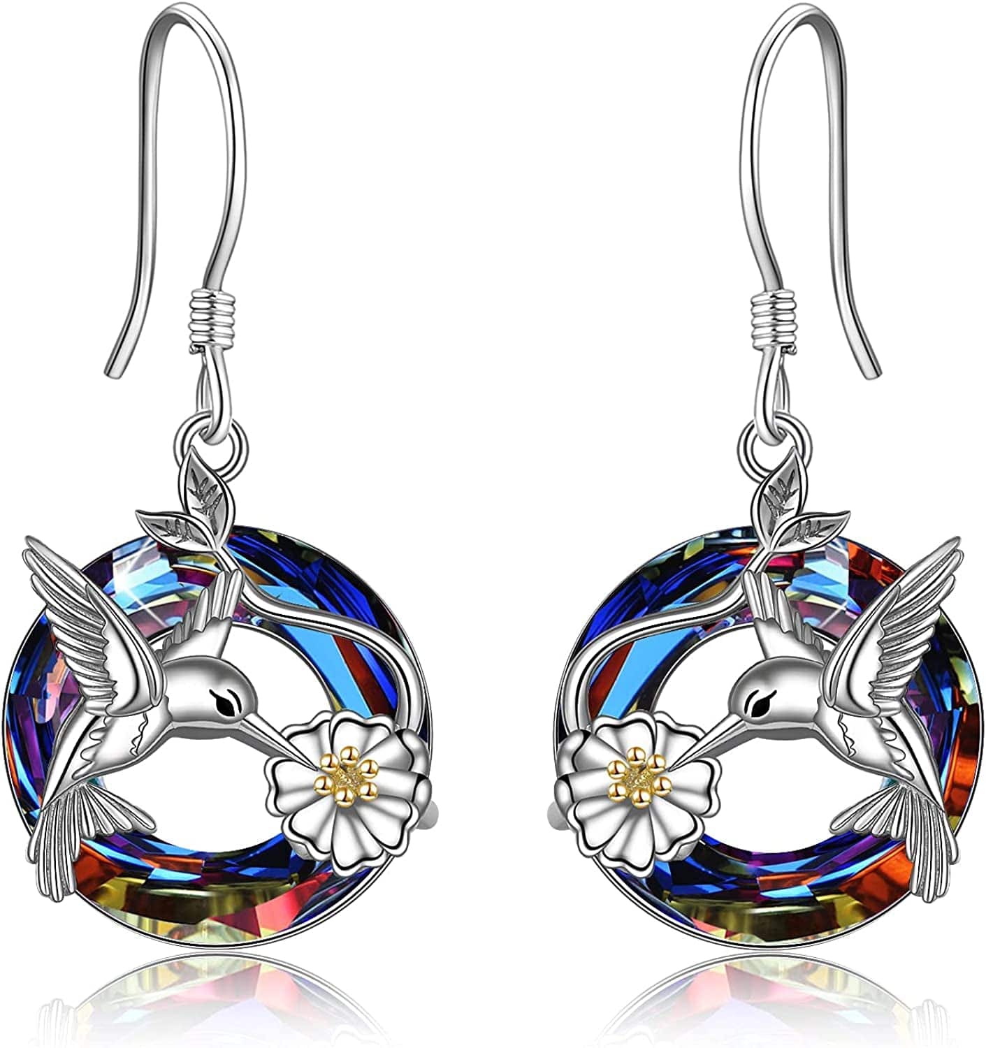 Hummingbird Earrings for Women Sterling Silver Hummingbird Bird Daisy Flower Dangle Drop Earrings with Blue/Volcano Circle Crystal Gifts for Girls volcano