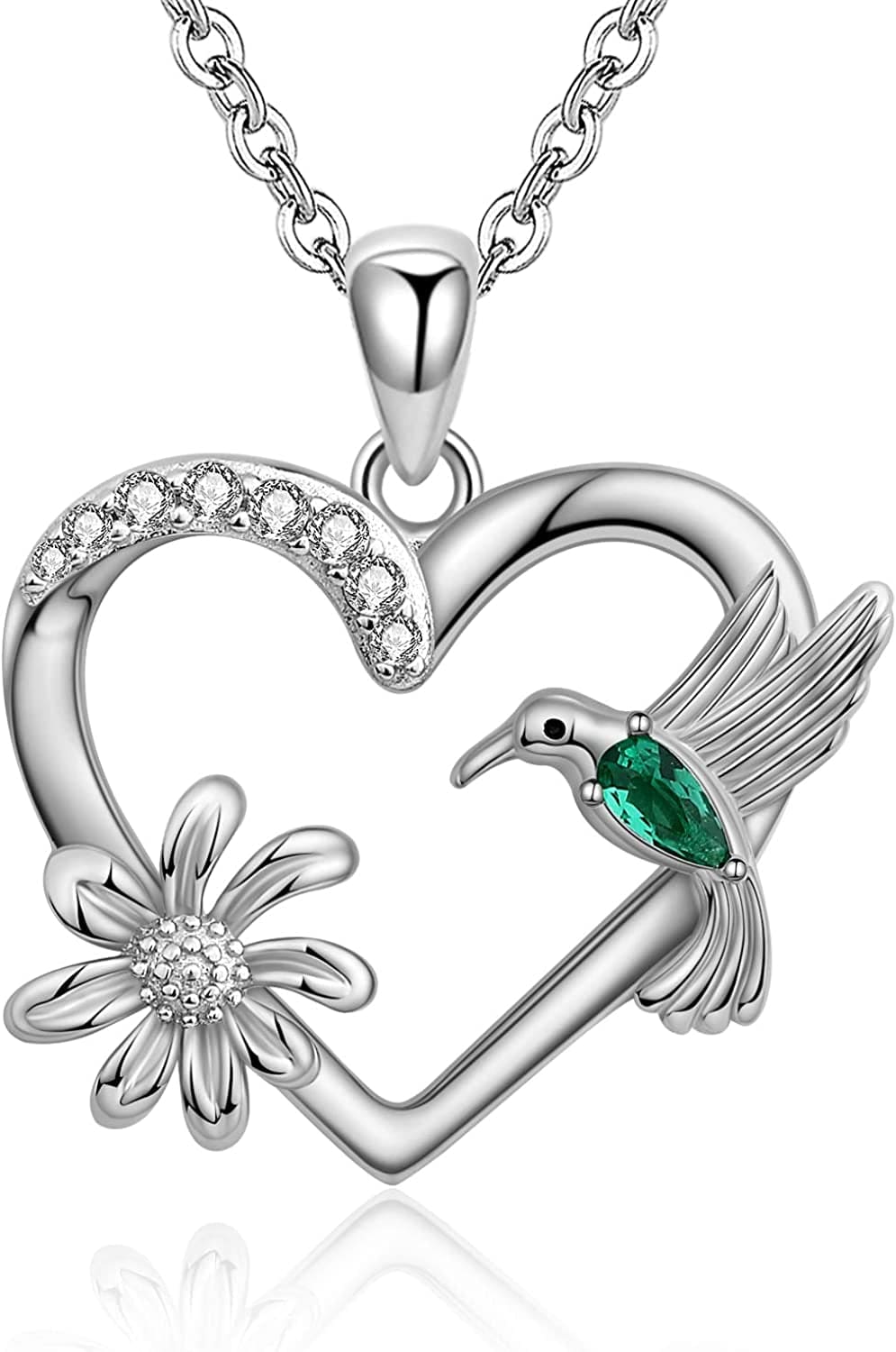 Hummingbird Necklaces Sterling Silver - Hummingbird Roseflower Pendant Embellished with Shining Zirconia Animal Jewelry Christmas Birthdays Gifts for Woman Wife Girlfriend Mom Daughters. Hummingbird with Sunflower