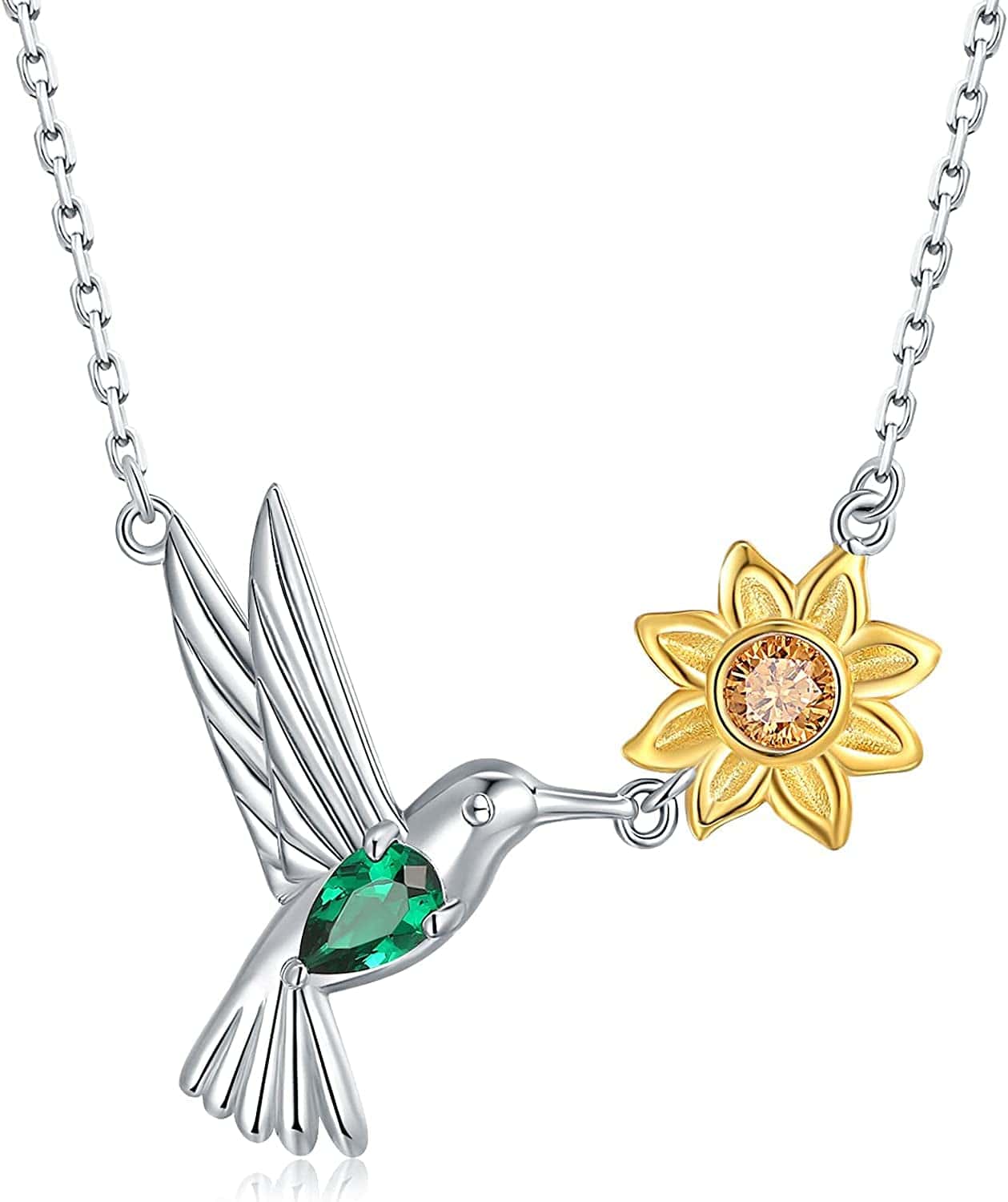 Hummingbird Necklaces Sterling Silver - Hummingbird Roseflower Pendant Embellished with Shining Zirconia Animal Jewelry Christmas Birthdays Gifts for Woman Wife Girlfriend Mom Daughters. Sunflower Hummingbird Necklace