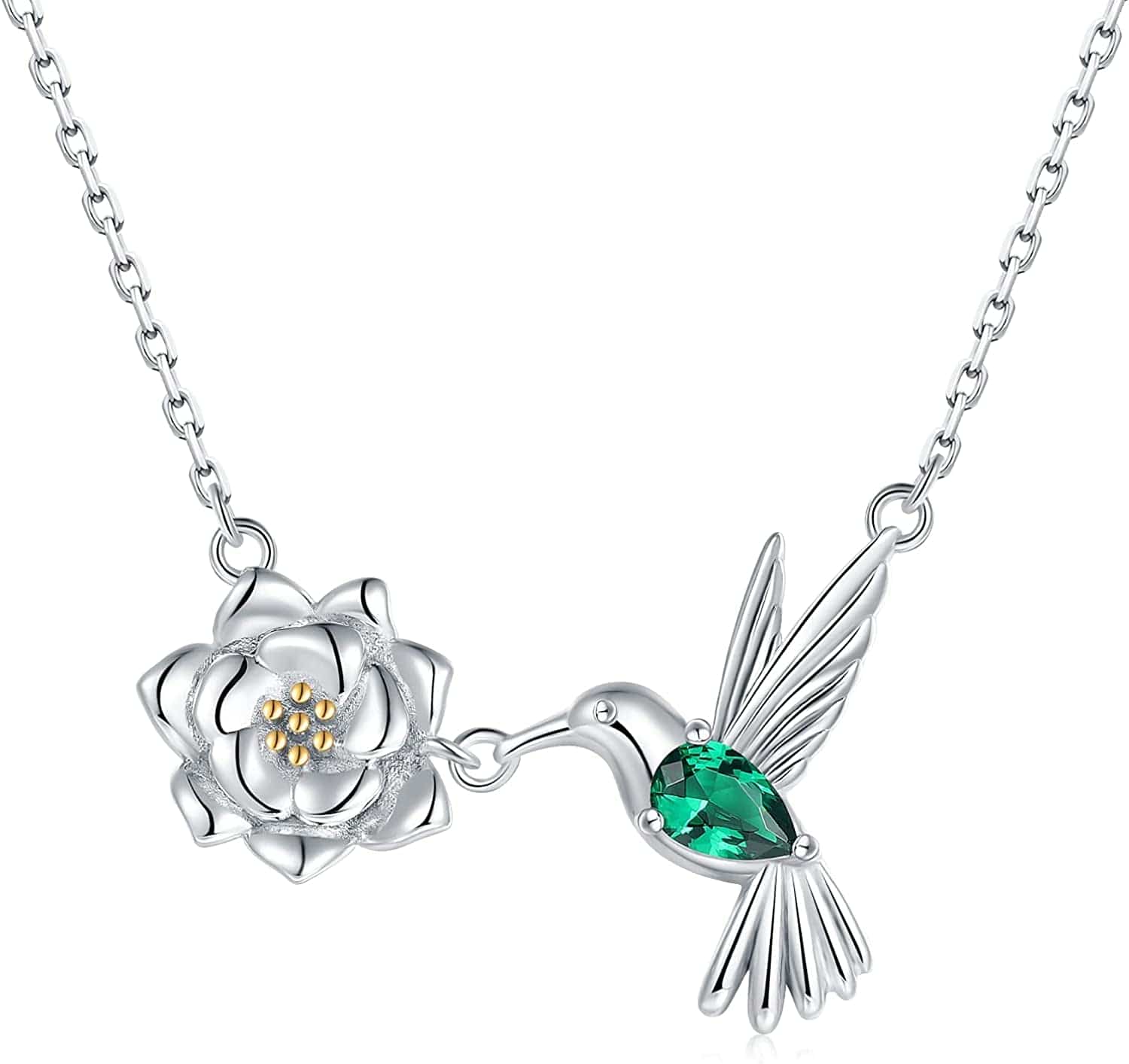 Hummingbird Necklaces Sterling Silver - Hummingbird Roseflower Pendant Embellished with Shining Zirconia Animal Jewelry Christmas Birthdays Gifts for Woman Wife Girlfriend Mom Daughters. Hummingbird with daisy