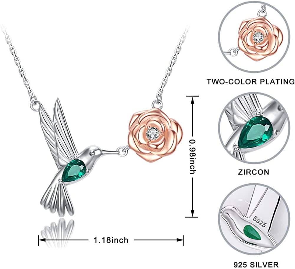 Hummingbird Necklaces Sterling Silver - Hummingbird Roseflower Pendant Embellished with Shining Zirconia Animal Jewelry Christmas Birthdays Gifts for Woman Wife Girlfriend Mom Daughters.