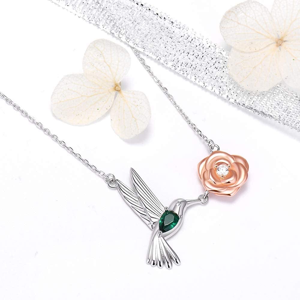 Hummingbird Necklaces Sterling Silver - Hummingbird Roseflower Pendant Embellished with Shining Zirconia Animal Jewelry Christmas Birthdays Gifts for Woman Wife Girlfriend Mom Daughters.