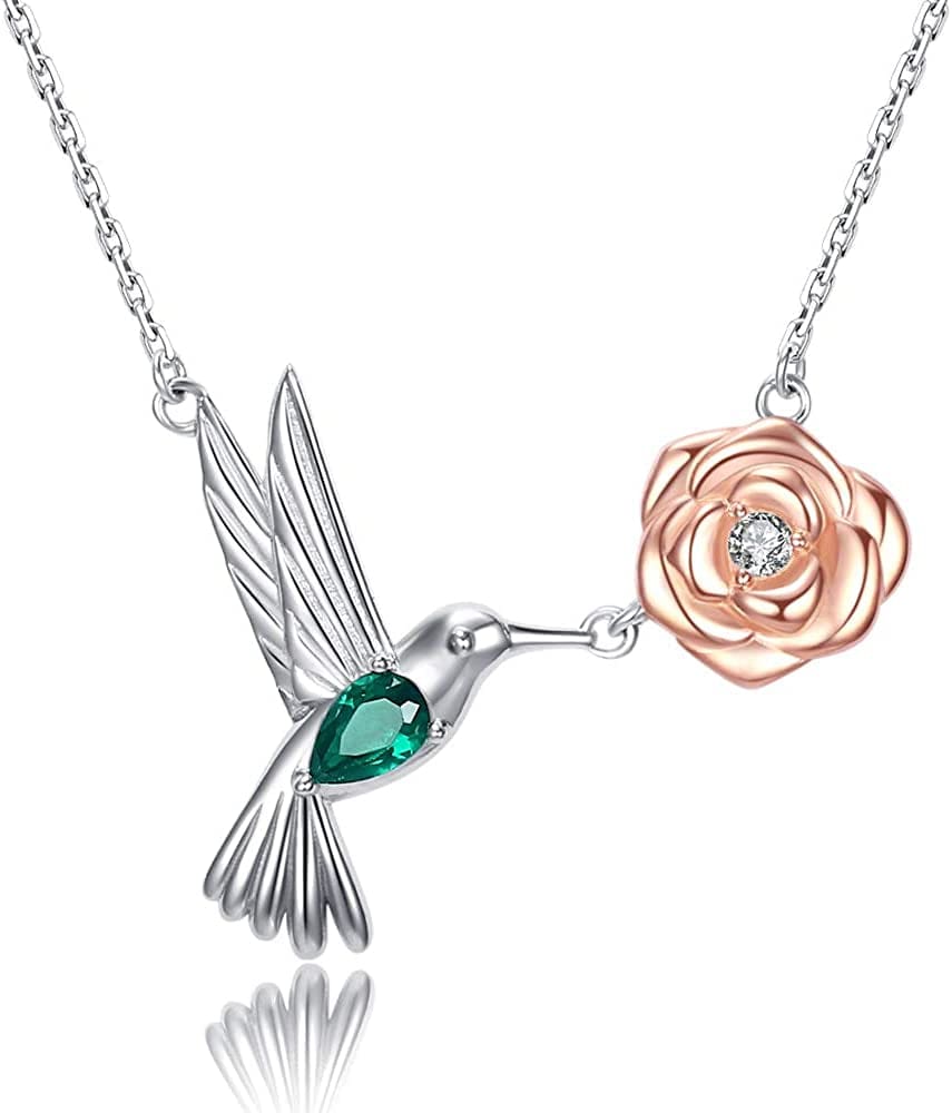 Hummingbird Necklaces Sterling Silver - Hummingbird Roseflower Pendant Embellished with Shining Zirconia Animal Jewelry Christmas Birthdays Gifts for Woman Wife Girlfriend Mom Daughters. Hummingbird with Roseflower