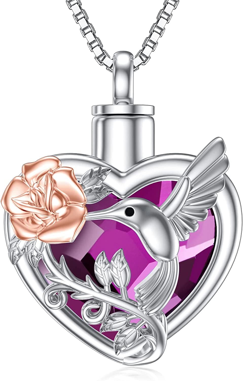 Hummingbird Urn Necklace for Ashes Sterling Silver with Crystal Cremation Jewelry W/Funnel Filler Keepsake Memory Jewelry for Women Girls A-Purple Heart