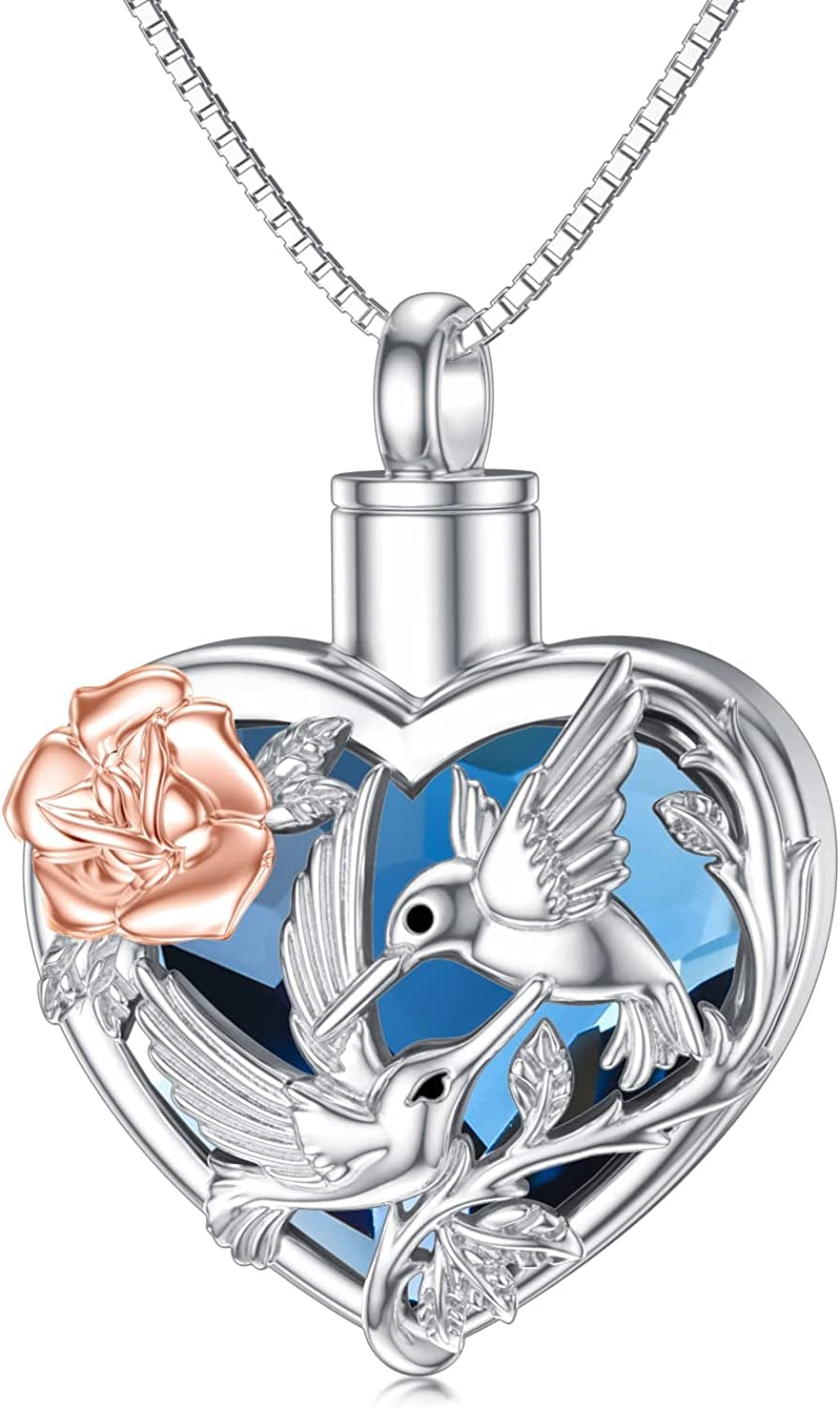 Hummingbird Urn Necklace for Ashes Sterling Silver with Crystal Cremation Jewelry W/Funnel Filler Keepsake Memory Jewelry for Women Girls A1-Blue Heart