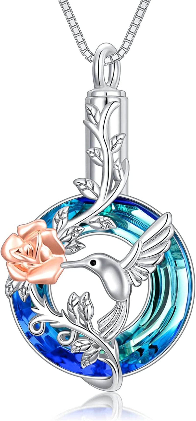 Hummingbird Urn Necklace for Ashes Sterling Silver with Crystal Cremation Jewelry W/Funnel Filler Keepsake Memory Jewelry for Women Girls B-Blue Circle