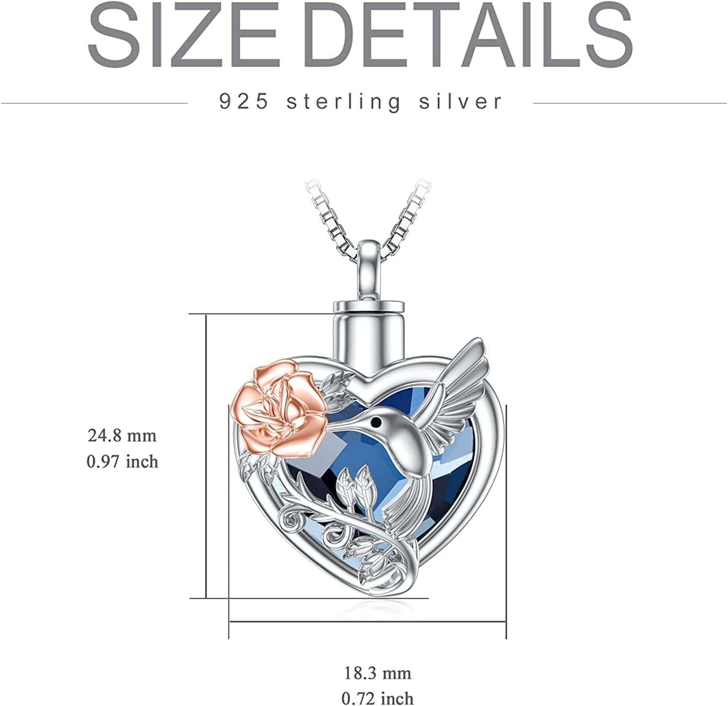 Hummingbird Urn Necklace for Ashes Sterling Silver with Crystal Cremation Jewelry W/Funnel Filler Keepsake Memory Jewelry for Women Girls