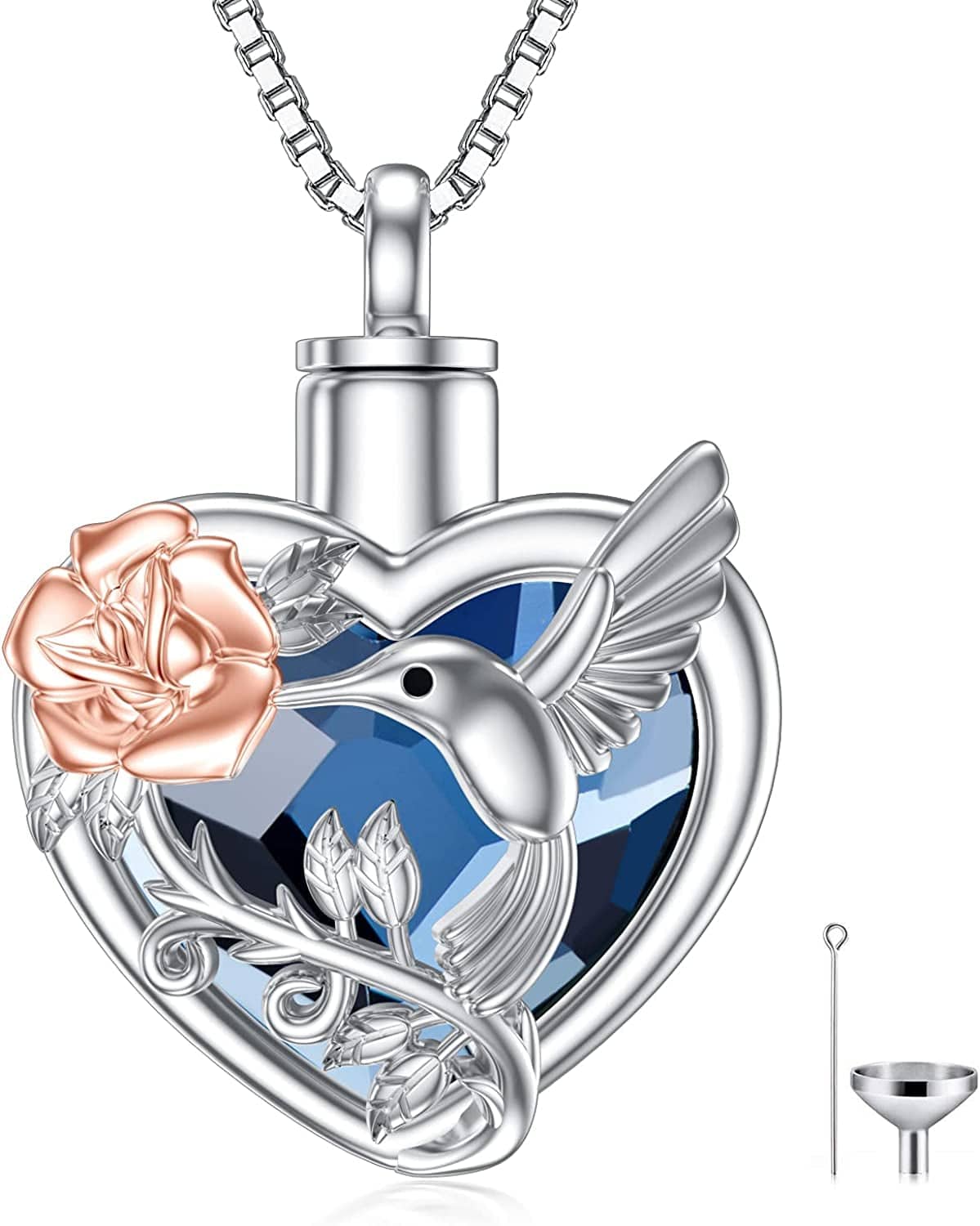 Hummingbird Urn Necklace for Ashes Sterling Silver with Crystal Cremation Jewelry W/Funnel Filler Keepsake Memory Jewelry for Women Girls A-Blue Heart