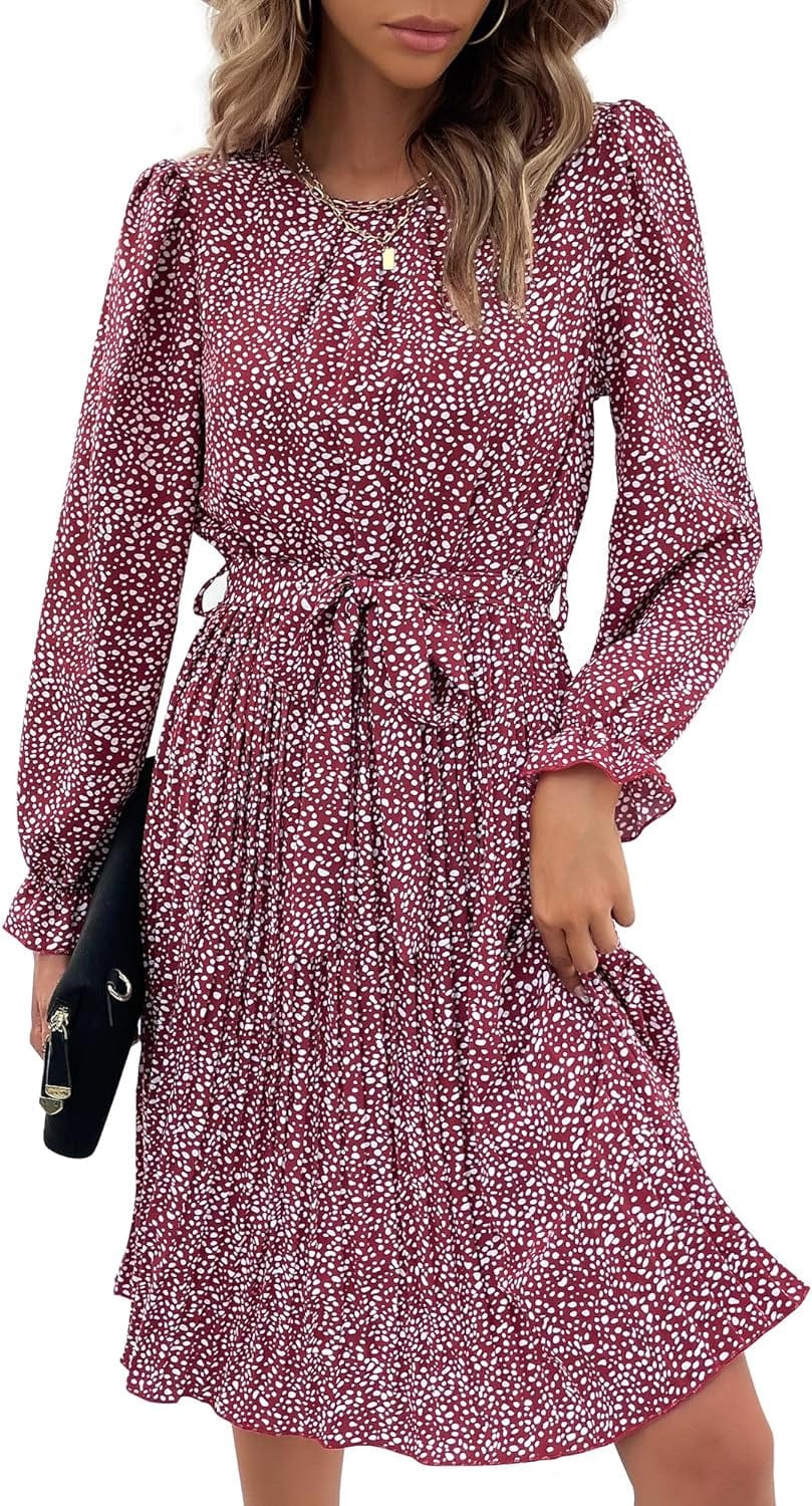 Hunonu Women'S 2023 Fall Winter Crewneck Long Sleeve Leopard Print Pleated Midi Dress with Belt
