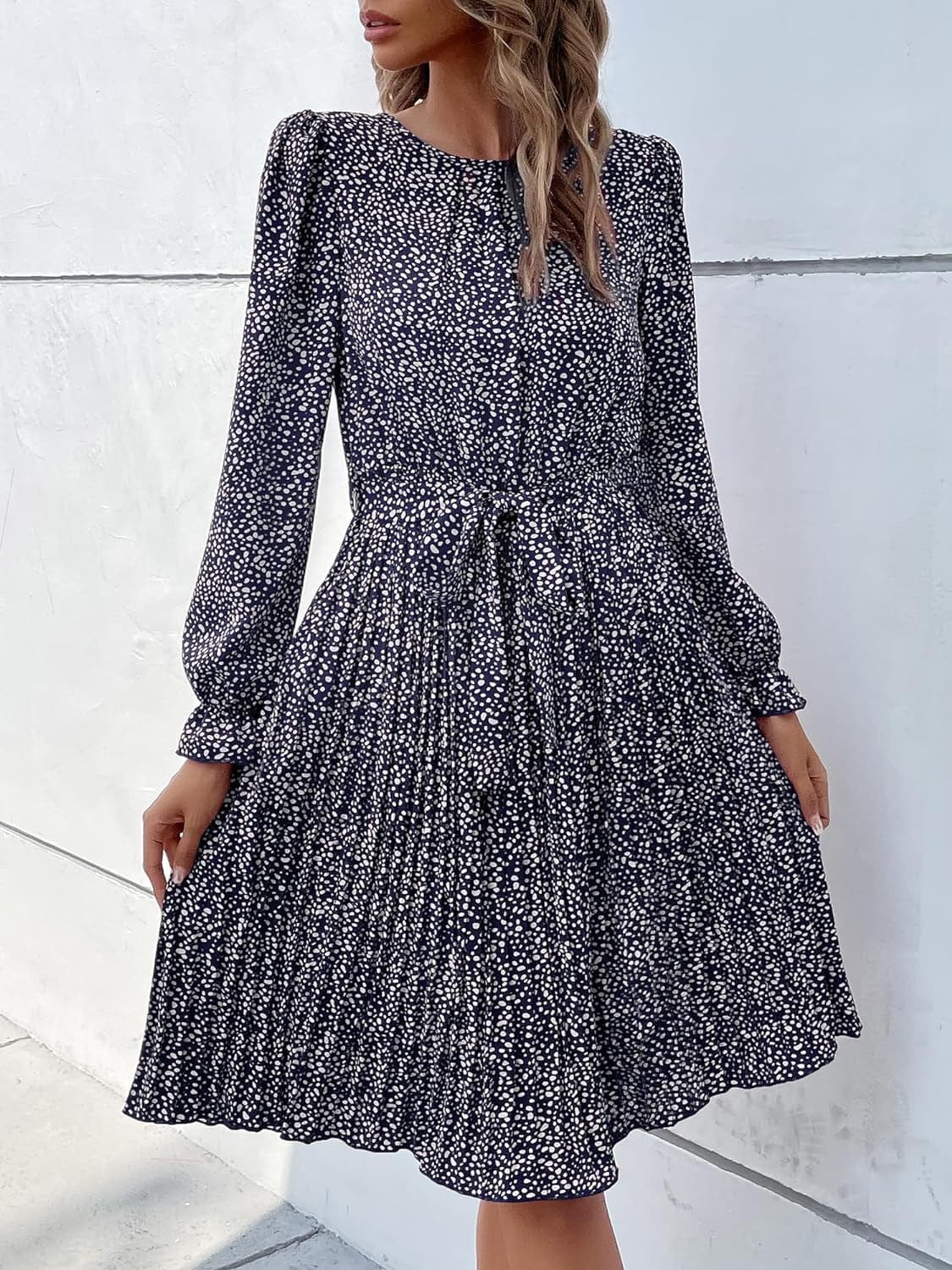 Hunonu Women'S 2023 Fall Winter Crewneck Long Sleeve Leopard Print Pleated Midi Dress with Belt