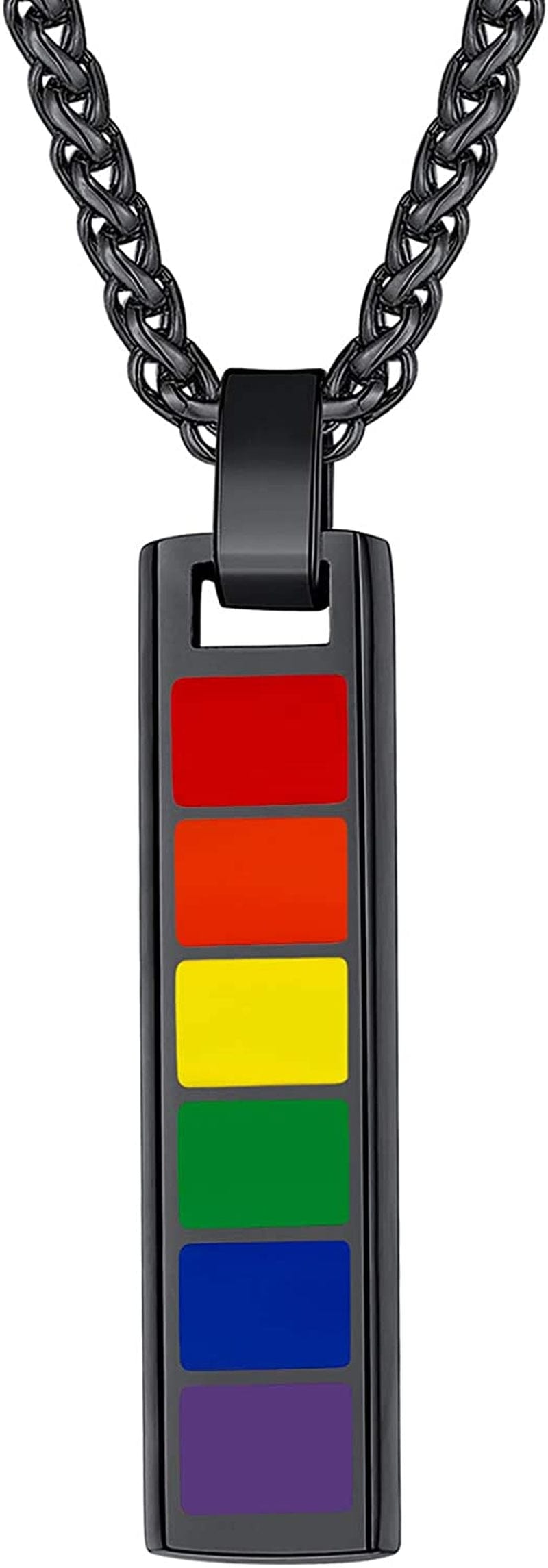 Hypoallergenic 925 Sterling Silver/Stainless Steel LGBT Bar/Dog Tag/Bead Pendant Necklace, Custom Engraved Rainbow Flag Lesbian Gay Pride Jewelry for Men Women with Gift Box c. bar-black plated stainless steel