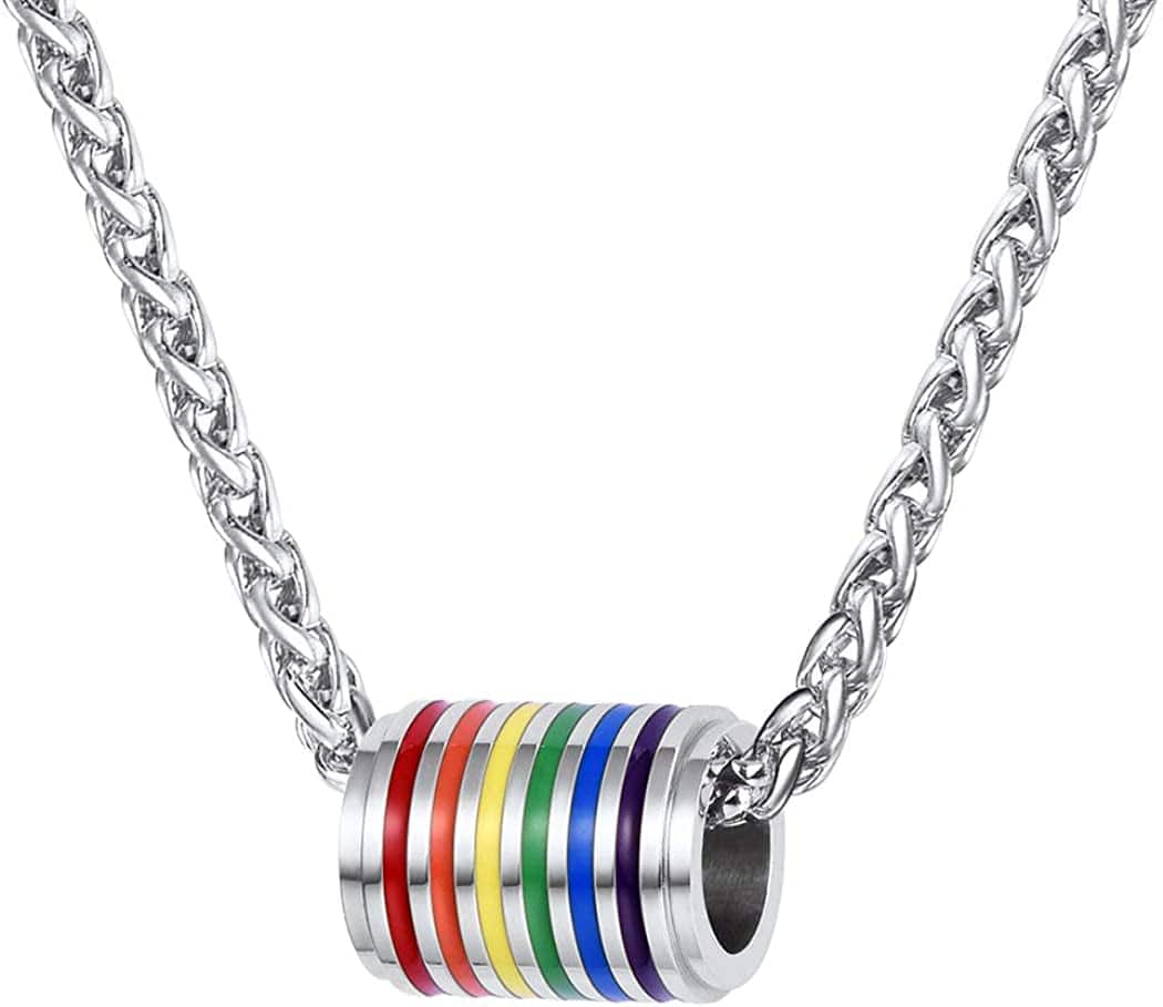 Hypoallergenic 925 Sterling Silver/Stainless Steel LGBT Bar/Dog Tag/Bead Pendant Necklace, Custom Engraved Rainbow Flag Lesbian Gay Pride Jewelry for Men Women with Gift Box d. cylinder-stainless steel