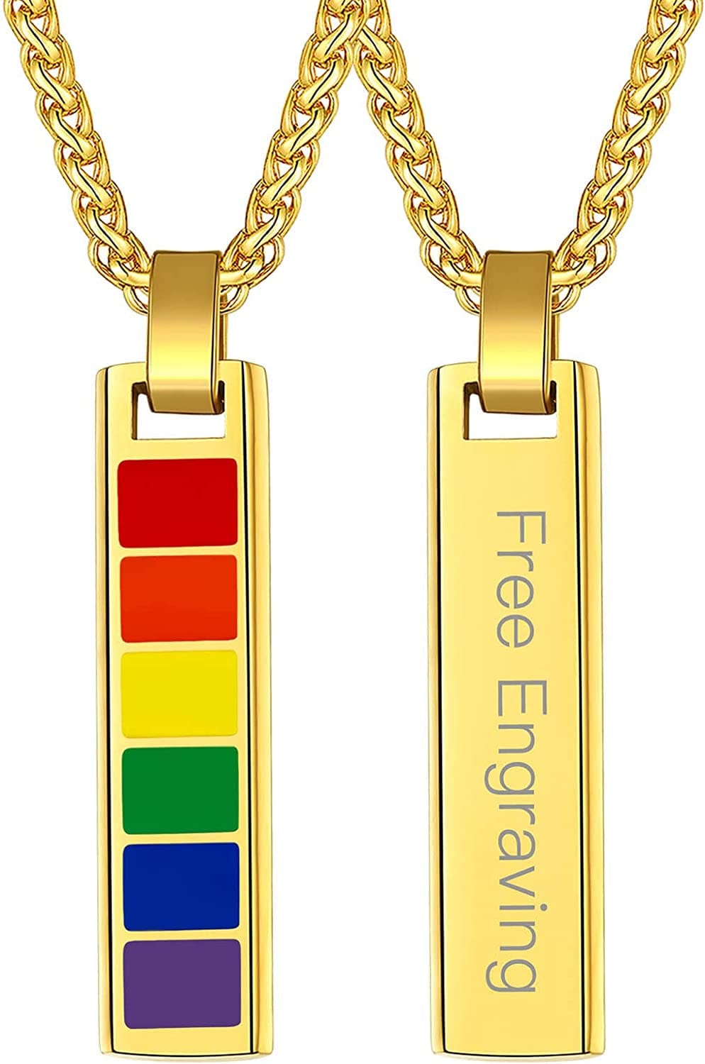 Hypoallergenic 925 Sterling Silver/Stainless Steel LGBT Bar/Dog Tag/Bead Pendant Necklace, Custom Engraved Rainbow Flag Lesbian Gay Pride Jewelry for Men Women with Gift Box c. bar-gold plated stainless steel/engravable
