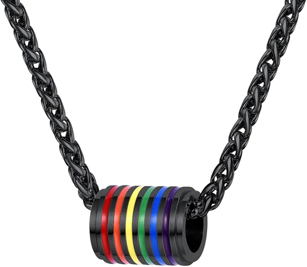 Hypoallergenic 925 Sterling Silver/Stainless Steel LGBT Bar/Dog Tag/Bead Pendant Necklace, Custom Engraved Rainbow Flag Lesbian Gay Pride Jewelry for Men Women with Gift Box d. cylinder-black plated stainless steel