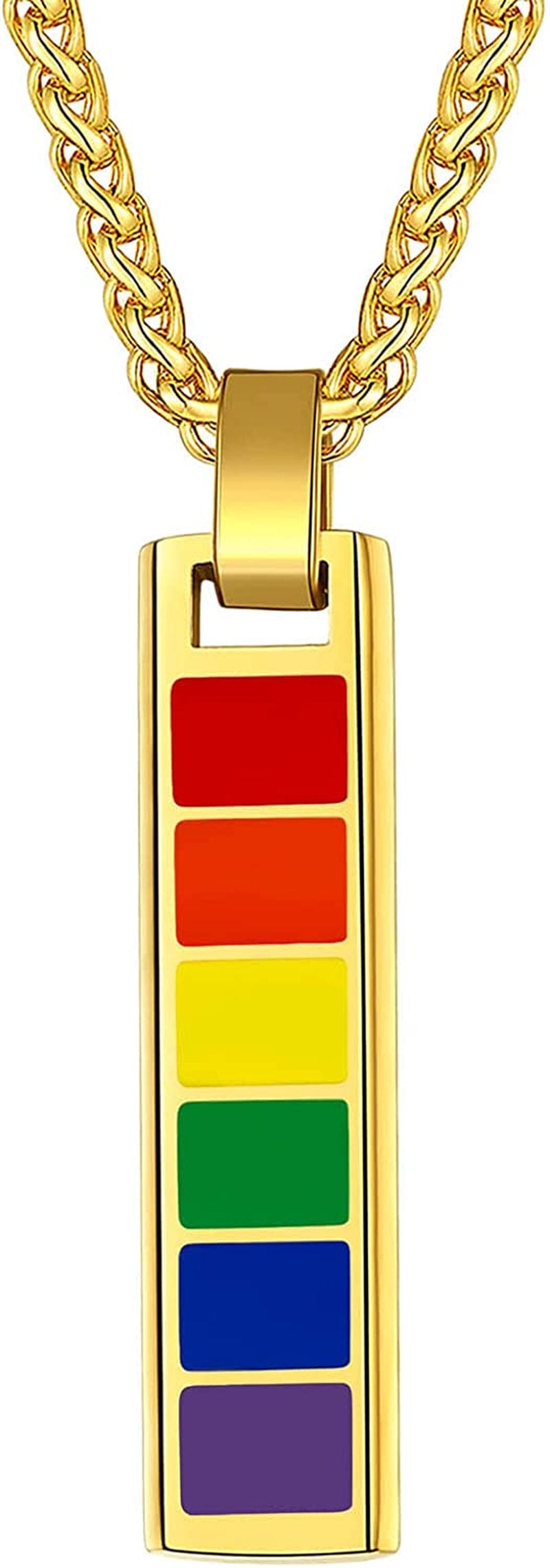 Hypoallergenic 925 Sterling Silver/Stainless Steel LGBT Bar/Dog Tag/Bead Pendant Necklace, Custom Engraved Rainbow Flag Lesbian Gay Pride Jewelry for Men Women with Gift Box c. bar-gold plated stainless steel