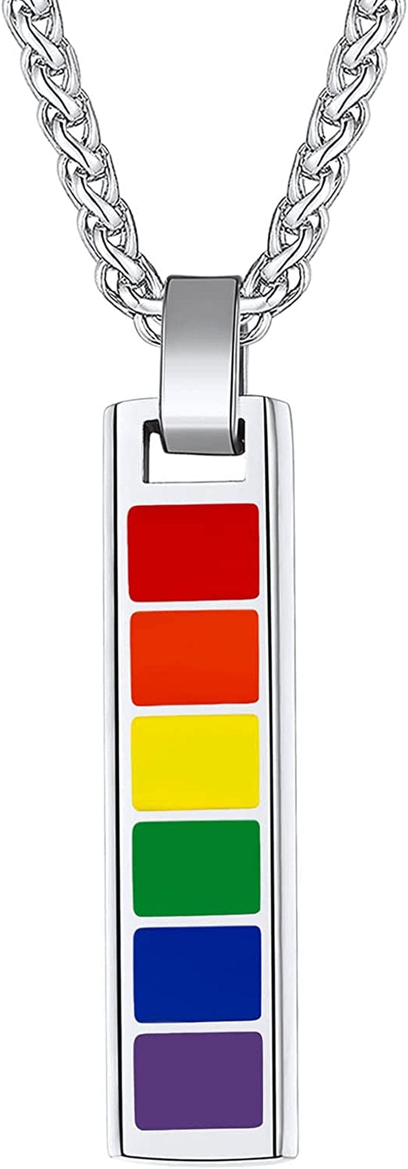 Hypoallergenic 925 Sterling Silver/Stainless Steel LGBT Bar/Dog Tag/Bead Pendant Necklace, Custom Engraved Rainbow Flag Lesbian Gay Pride Jewelry for Men Women with Gift Box c. bar-stainless steel