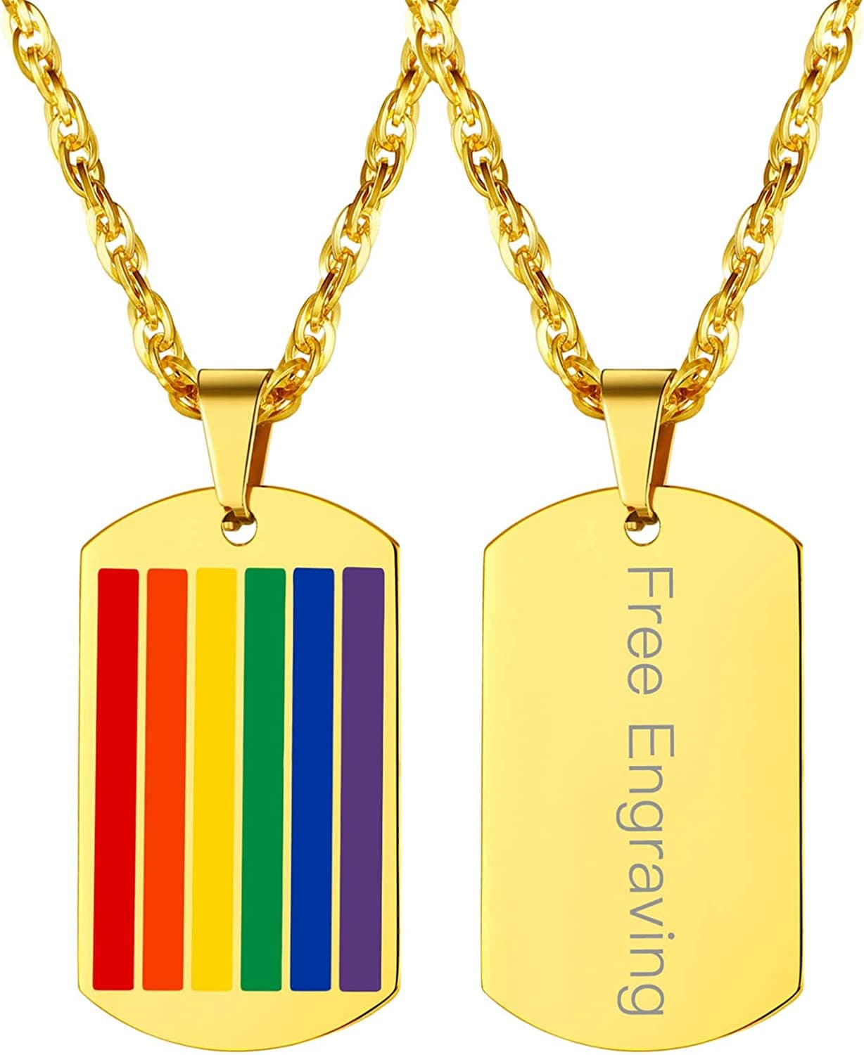 Hypoallergenic 925 Sterling Silver/Stainless Steel LGBT Bar/Dog Tag/Bead Pendant Necklace, Custom Engraved Rainbow Flag Lesbian Gay Pride Jewelry for Men Women with Gift Box b. dog tag-gold plated stainless steel/engravable