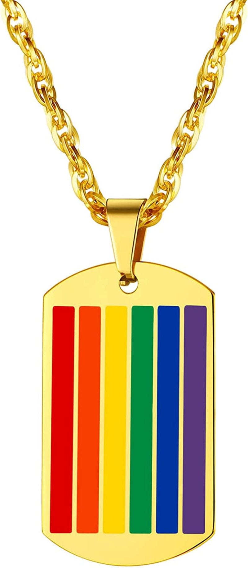 Hypoallergenic 925 Sterling Silver/Stainless Steel LGBT Bar/Dog Tag/Bead Pendant Necklace, Custom Engraved Rainbow Flag Lesbian Gay Pride Jewelry for Men Women with Gift Box b. dog tag-gold plated stainless steel