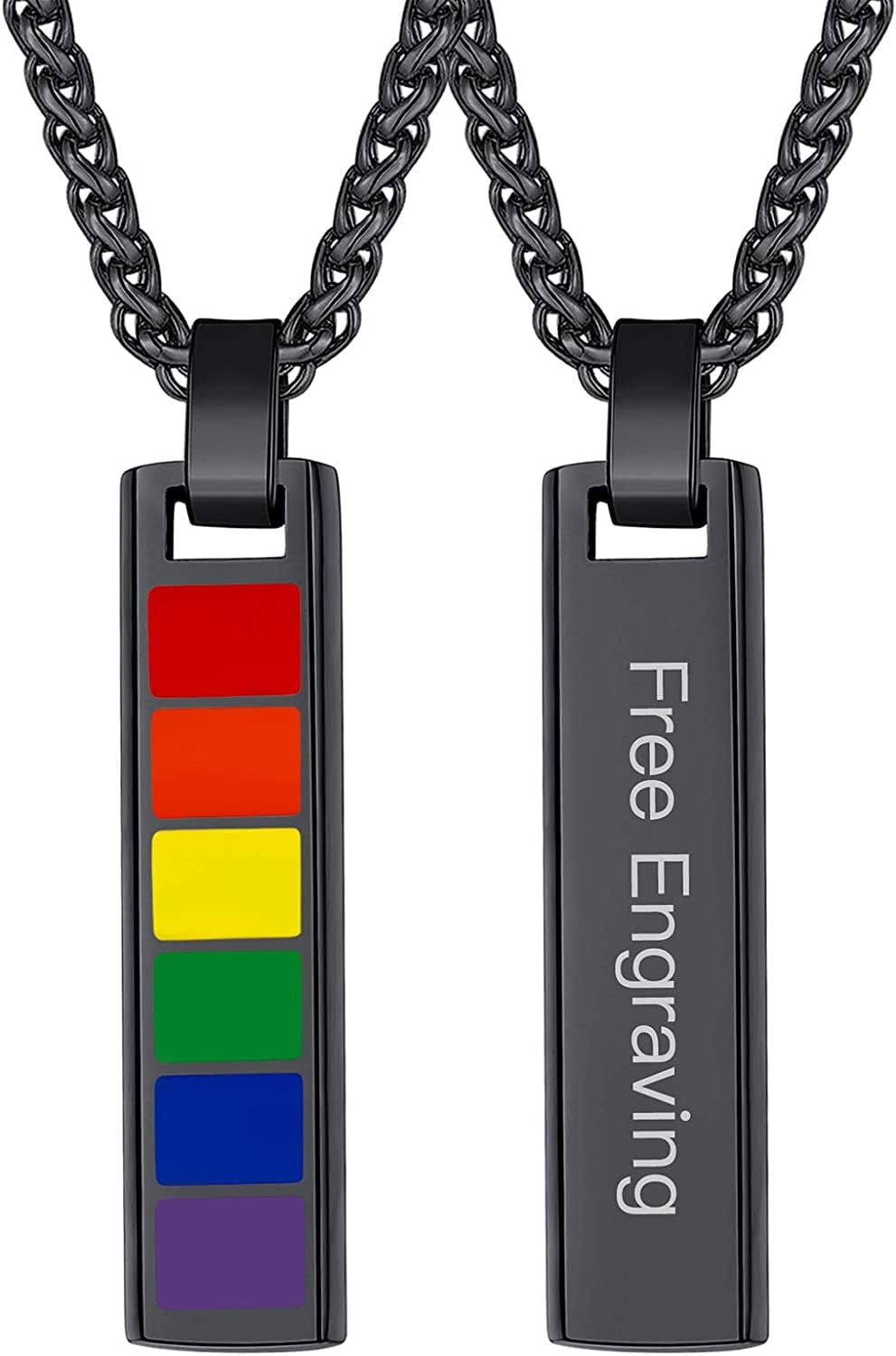 Hypoallergenic 925 Sterling Silver/Stainless Steel LGBT Bar/Dog Tag/Bead Pendant Necklace, Custom Engraved Rainbow Flag Lesbian Gay Pride Jewelry for Men Women with Gift Box c. bar-black plated stainless steel/engravable