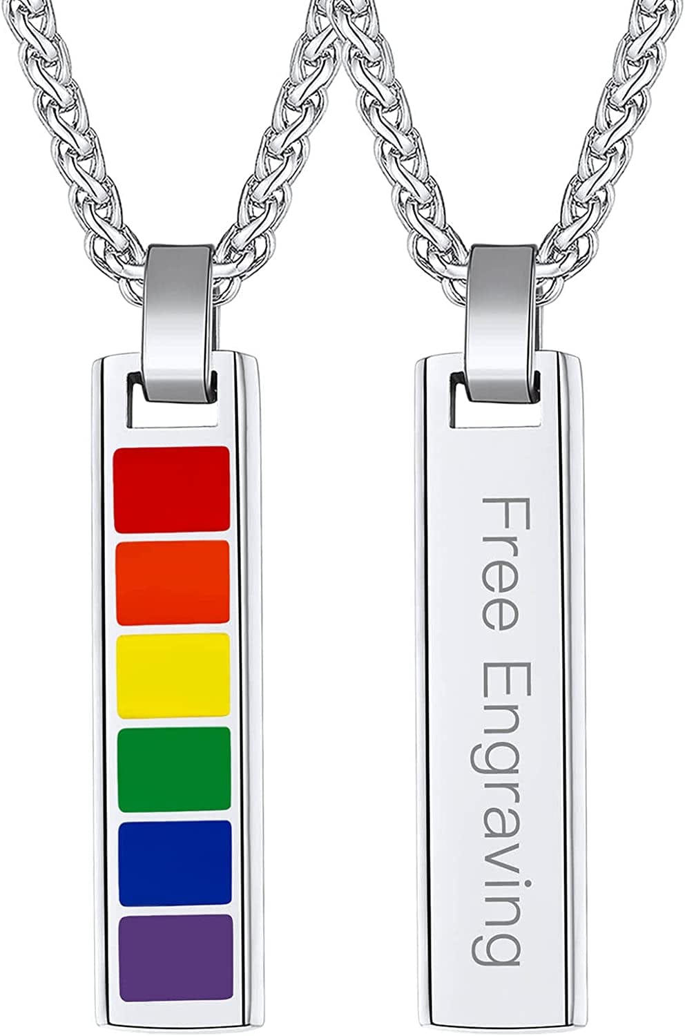 Hypoallergenic 925 Sterling Silver/Stainless Steel LGBT Bar/Dog Tag/Bead Pendant Necklace, Custom Engraved Rainbow Flag Lesbian Gay Pride Jewelry for Men Women with Gift Box c. bar-stainless steel/engravable