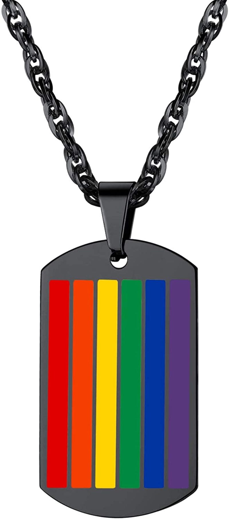 Hypoallergenic 925 Sterling Silver/Stainless Steel LGBT Bar/Dog Tag/Bead Pendant Necklace, Custom Engraved Rainbow Flag Lesbian Gay Pride Jewelry for Men Women with Gift Box b. dog tag-black plated stainless steel
