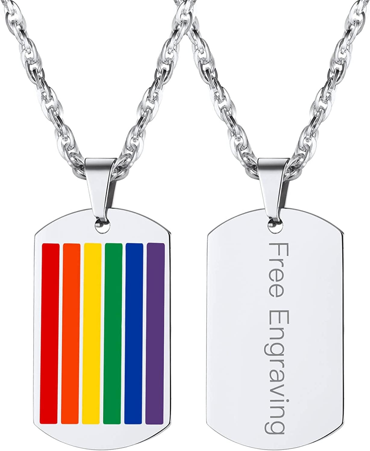 Hypoallergenic 925 Sterling Silver/Stainless Steel LGBT Bar/Dog Tag/Bead Pendant Necklace, Custom Engraved Rainbow Flag Lesbian Gay Pride Jewelry for Men Women with Gift Box b. dog tag-stainless steel/engravable