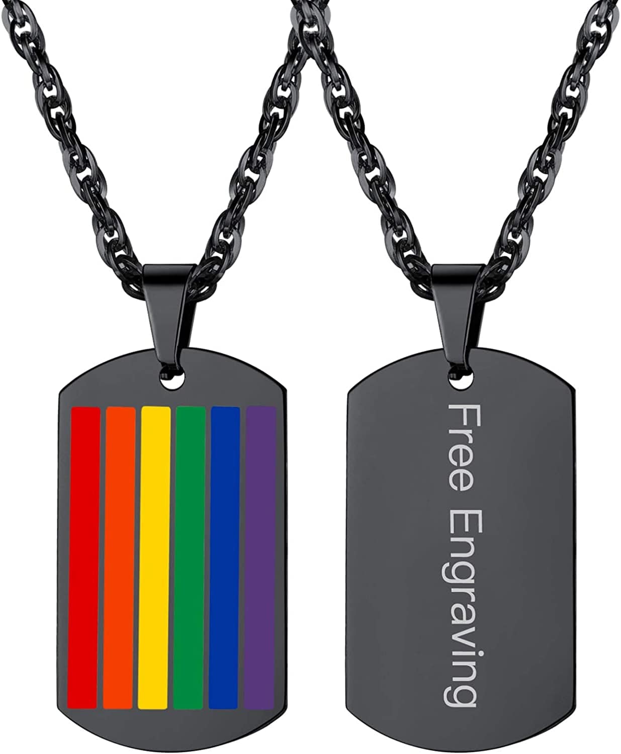 Hypoallergenic 925 Sterling Silver/Stainless Steel LGBT Bar/Dog Tag/Bead Pendant Necklace, Custom Engraved Rainbow Flag Lesbian Gay Pride Jewelry for Men Women with Gift Box b. dog tag-black plated stainless steel/engravable