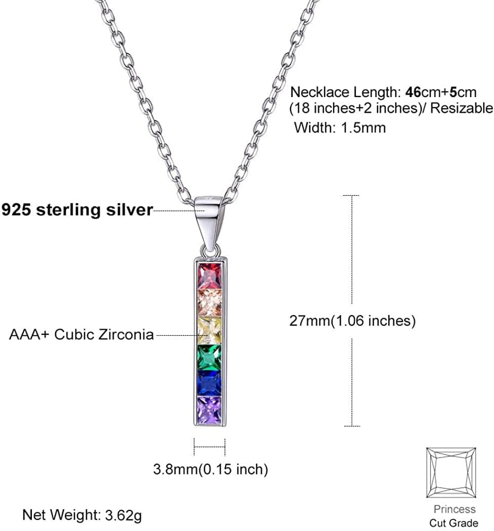 Hypoallergenic 925 Sterling Silver/Stainless Steel LGBT Bar/Dog Tag/Bead Pendant Necklace, Custom Engraved Rainbow Flag Lesbian Gay Pride Jewelry for Men Women with Gift Box